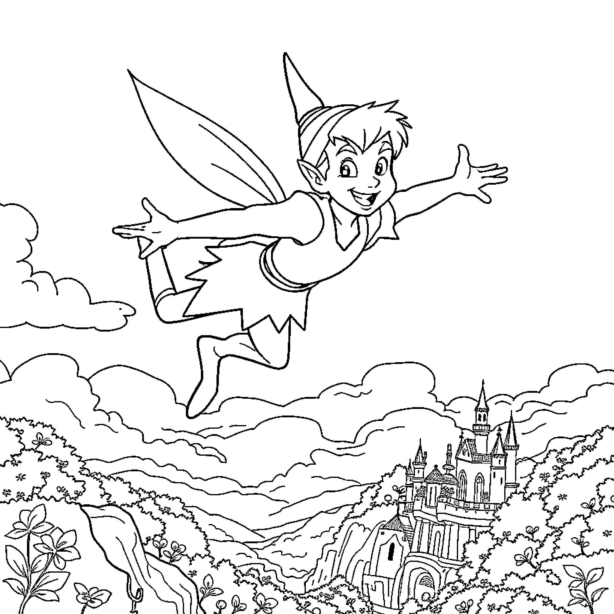 Peter Pan Flying Over Enchanted Castle Landscape Coloring Page (free black-and-white line drawing printable PDF for all, from beginners to advanced learners, including children, teens, adults, and seniors)
