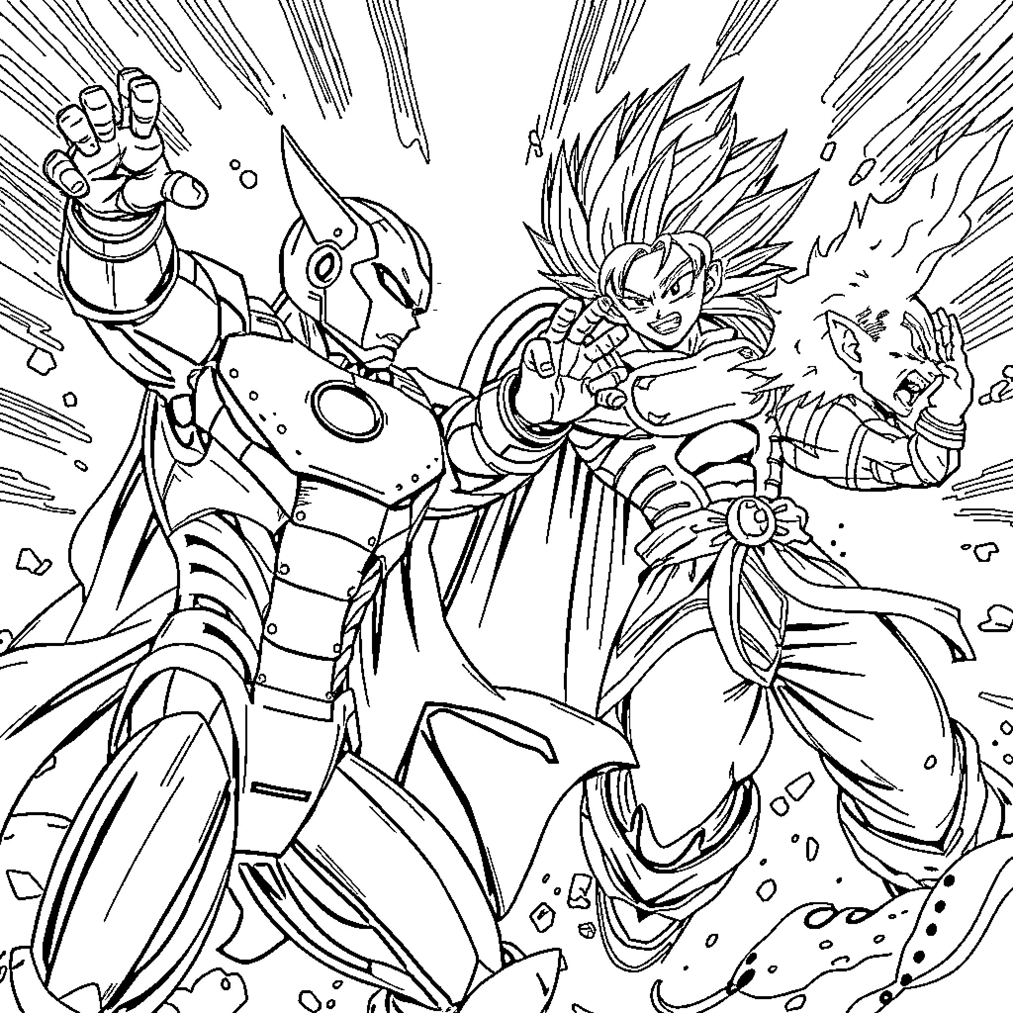 Character Engaging in Epic Anime Battle Coloring Page (free black-and-white line drawing printable PDF for all, from beginners to advanced learners, including children, teens, adults, and seniors)