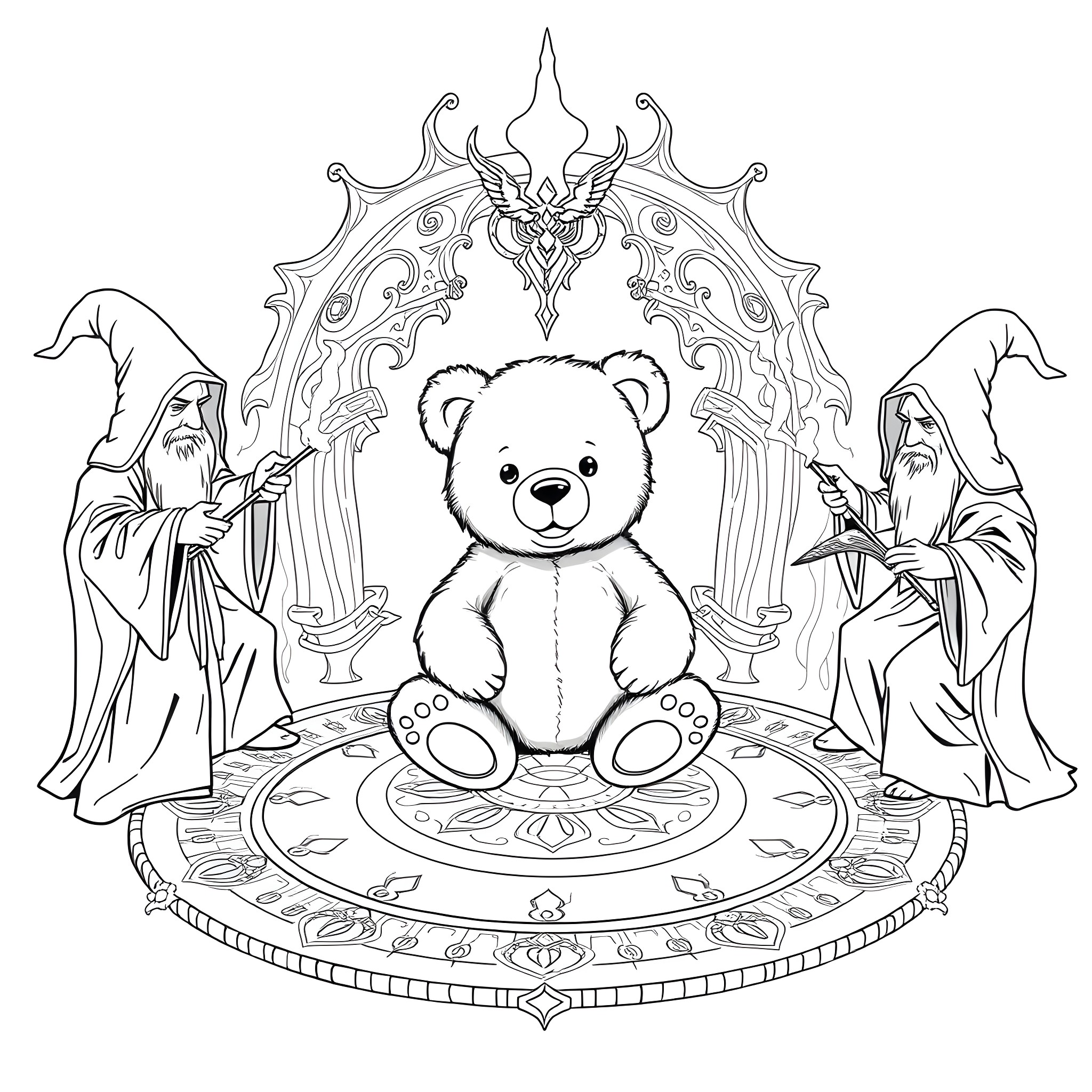 Teddy Bear in a Magical Ritual Setting Coloring Page (free black-and-white line drawing printable PDF for all, from beginners to advanced learners, including children, teens, adults, and seniors)