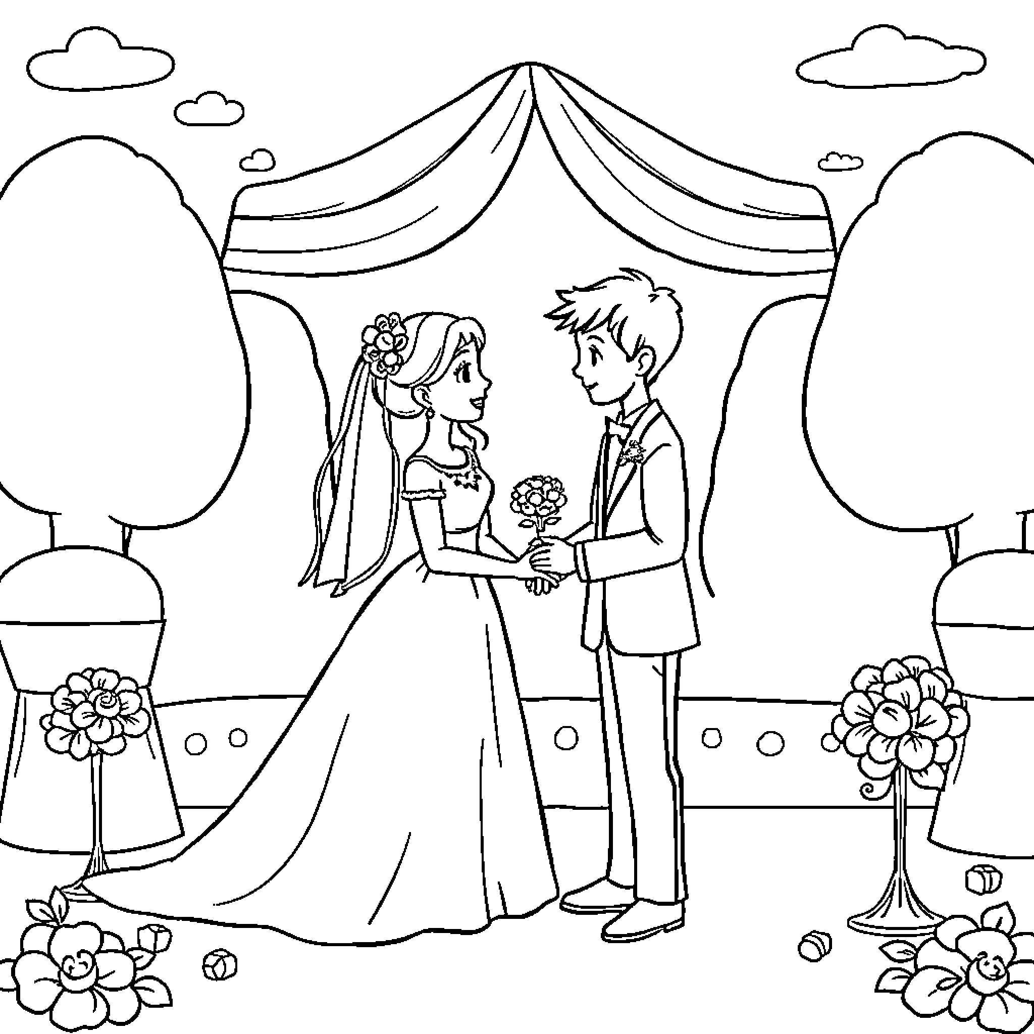 Wedding ceremony in the countryside Coloring Page (free black-and-white line drawing printable PDF for all, from beginners to advanced learners, including children, teens, adults, and seniors)