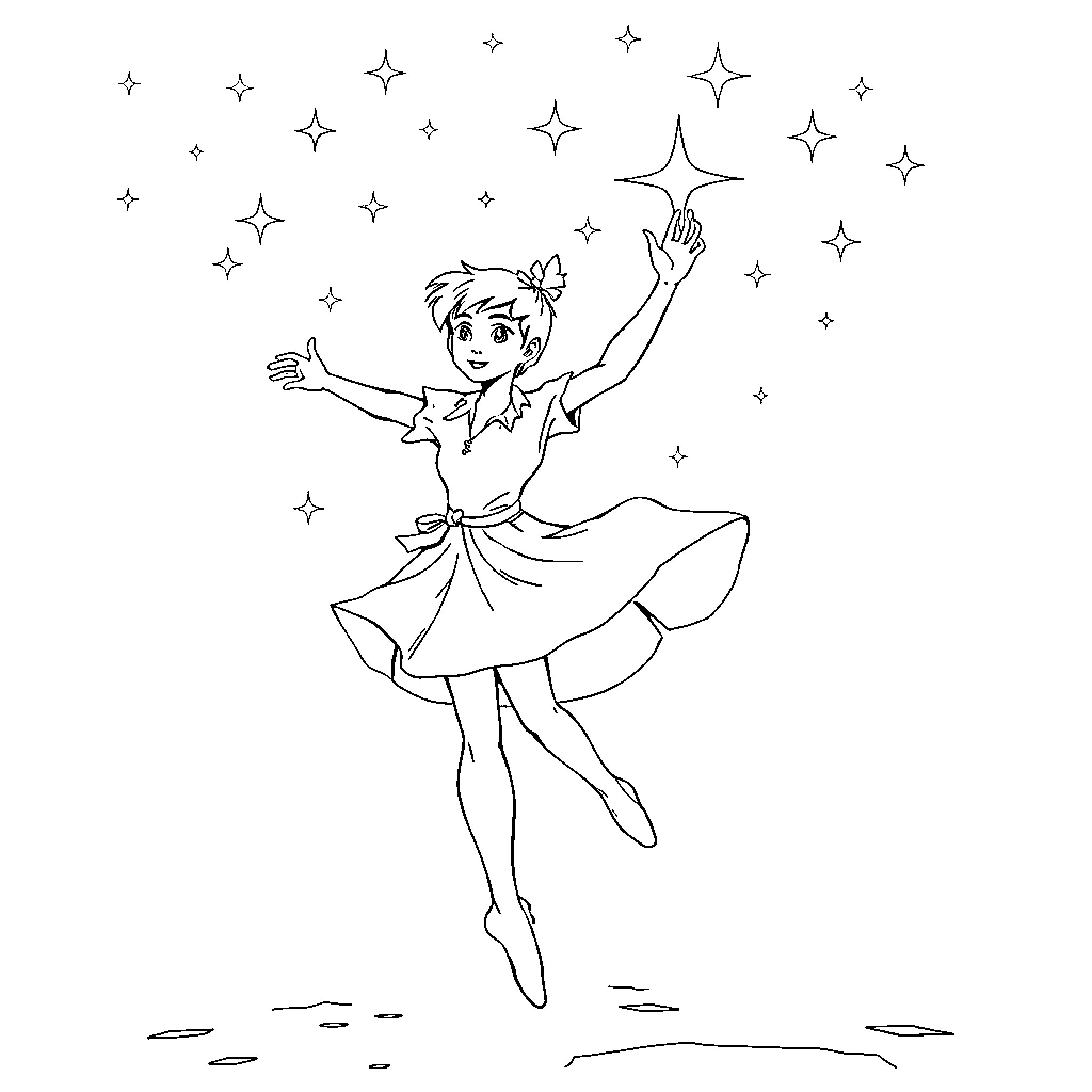 Peter Pan playing joyfully among the stars Coloring Page (free black-and-white line drawing printable PDF for all, from beginners to advanced learners, including children, teens, adults, and seniors)