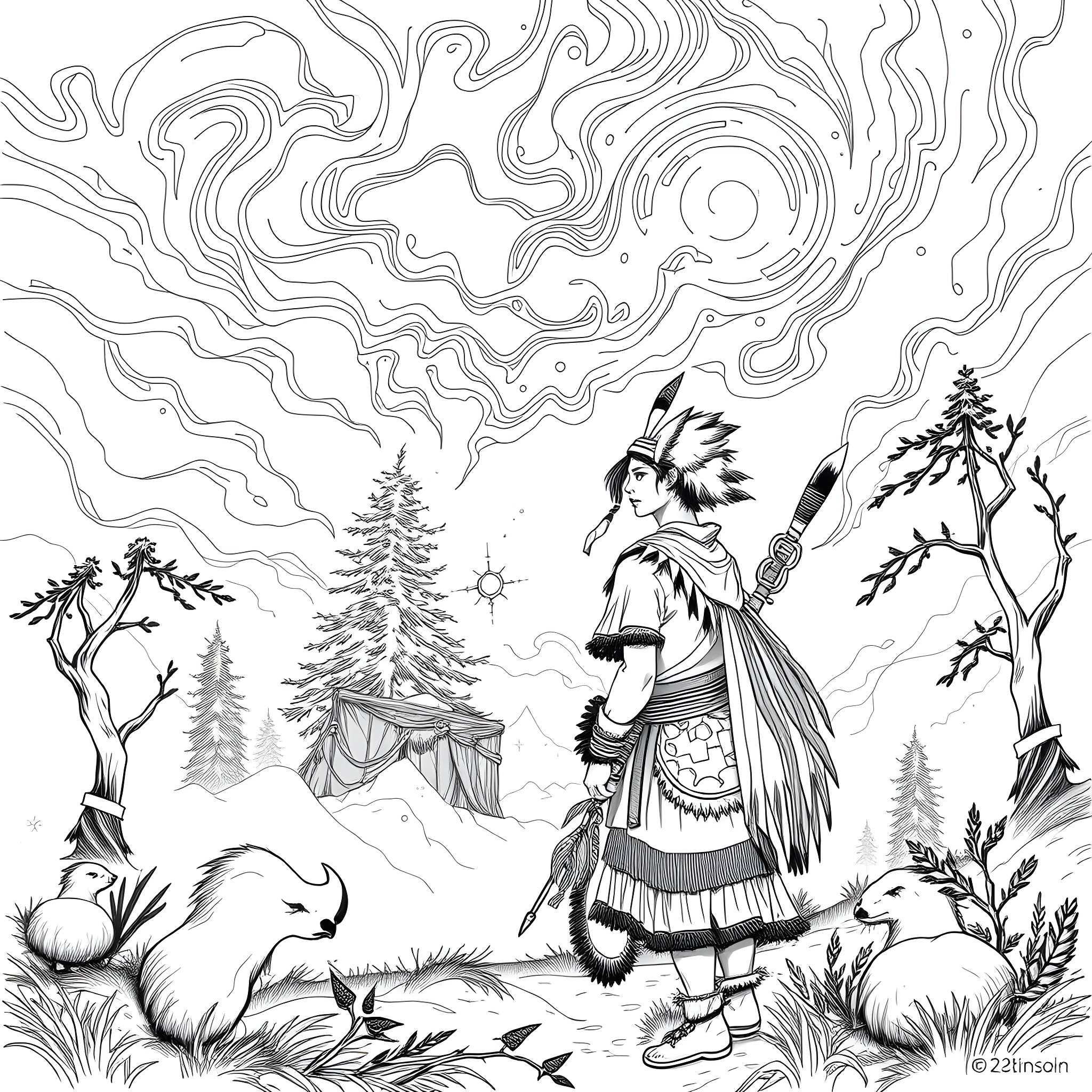 Warrior amidst the wild forest landscape Coloring Page (free black-and-white line drawing printable PDF for all, from beginners to advanced learners, including children, teens, adults, and seniors)