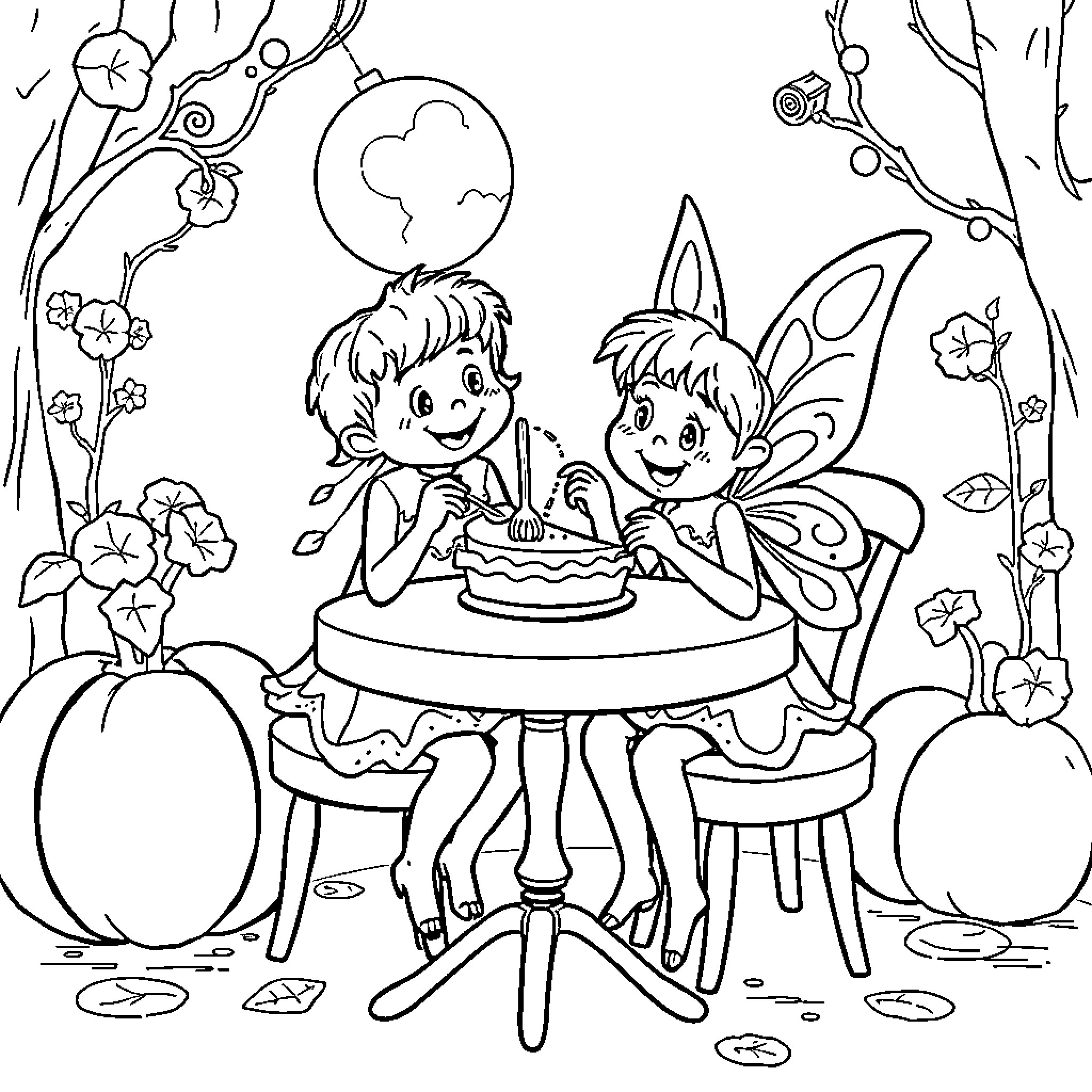 Tooth Fairy Celebrating with Fairy Friend Coloring Page (free black-and-white line drawing printable PDF for all, from beginners to advanced learners, including children, teens, adults, and seniors)