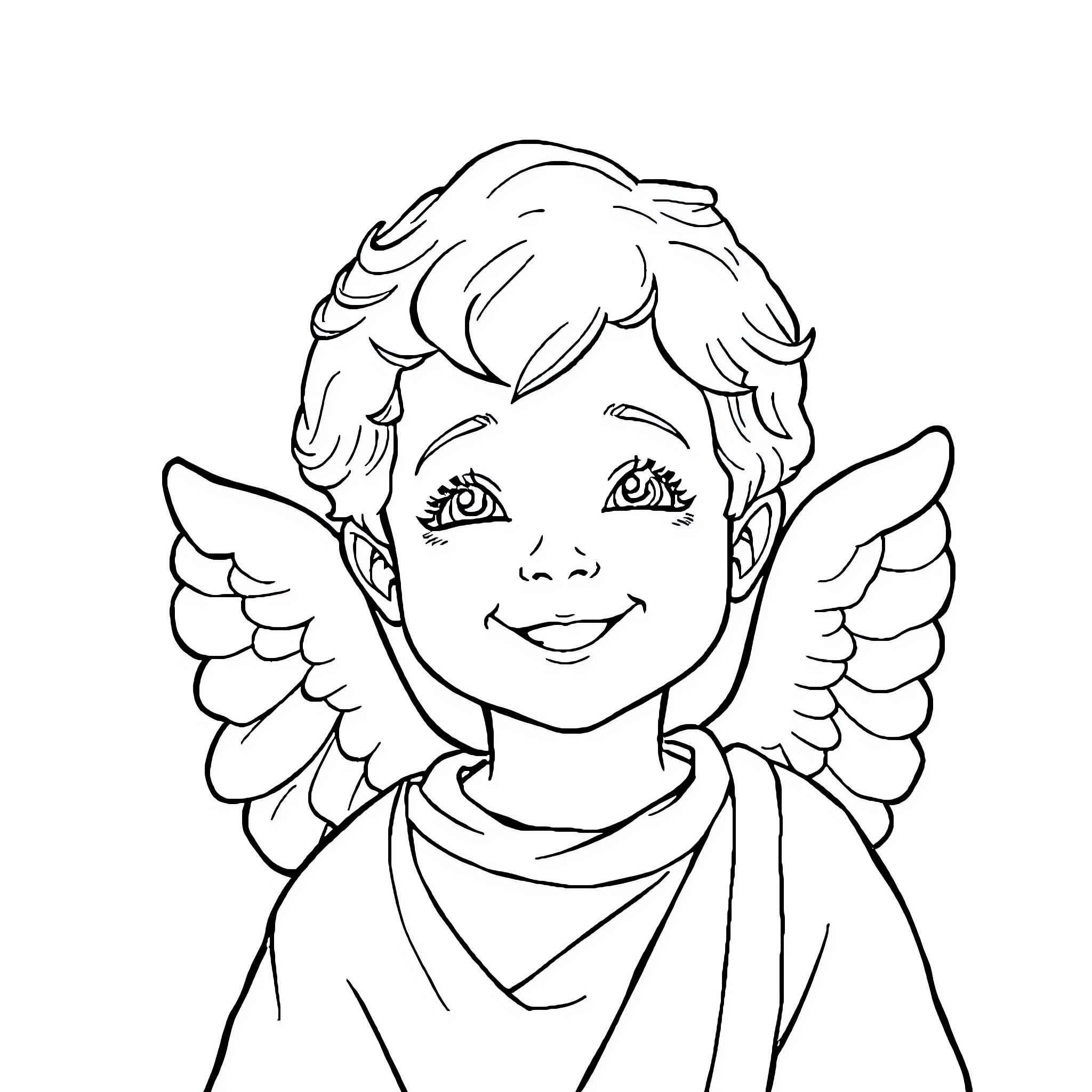 Gabriel, the Cheerful Winged Angel Coloring Page (free black-and-white line drawing printable PDF for all, from beginners to advanced learners, including children, teens, adults, and seniors)