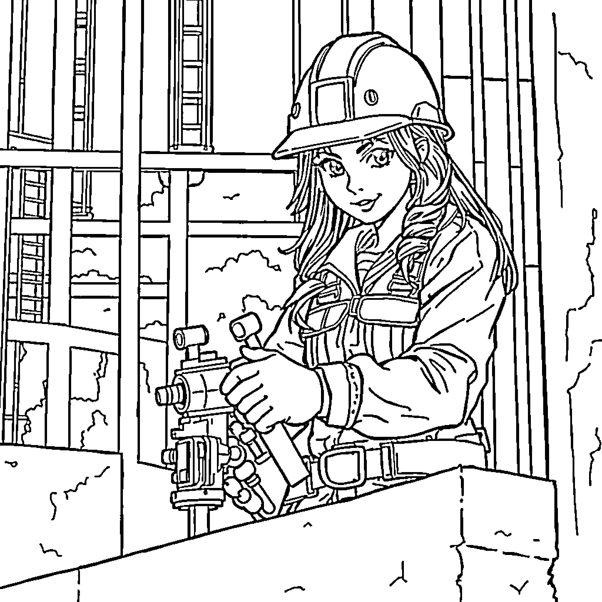 Girl construction worker operating power tool Coloring Page (free black-and-white line drawing printable PDF for all, from beginners to advanced learners, including children, teens, adults, and seniors)