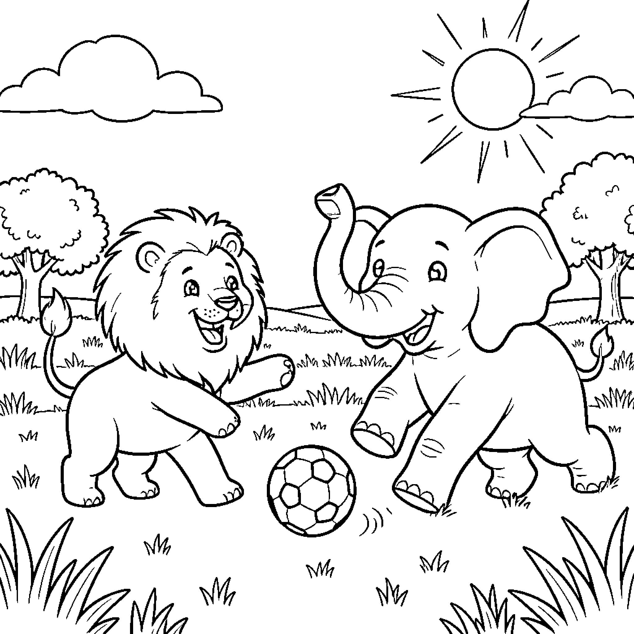 Lion and elephant playing with a ball in the wild Coloring Page (free black-and-white line drawing printable PDF for all, from beginners to advanced learners, including children, teens, adults, and seniors)