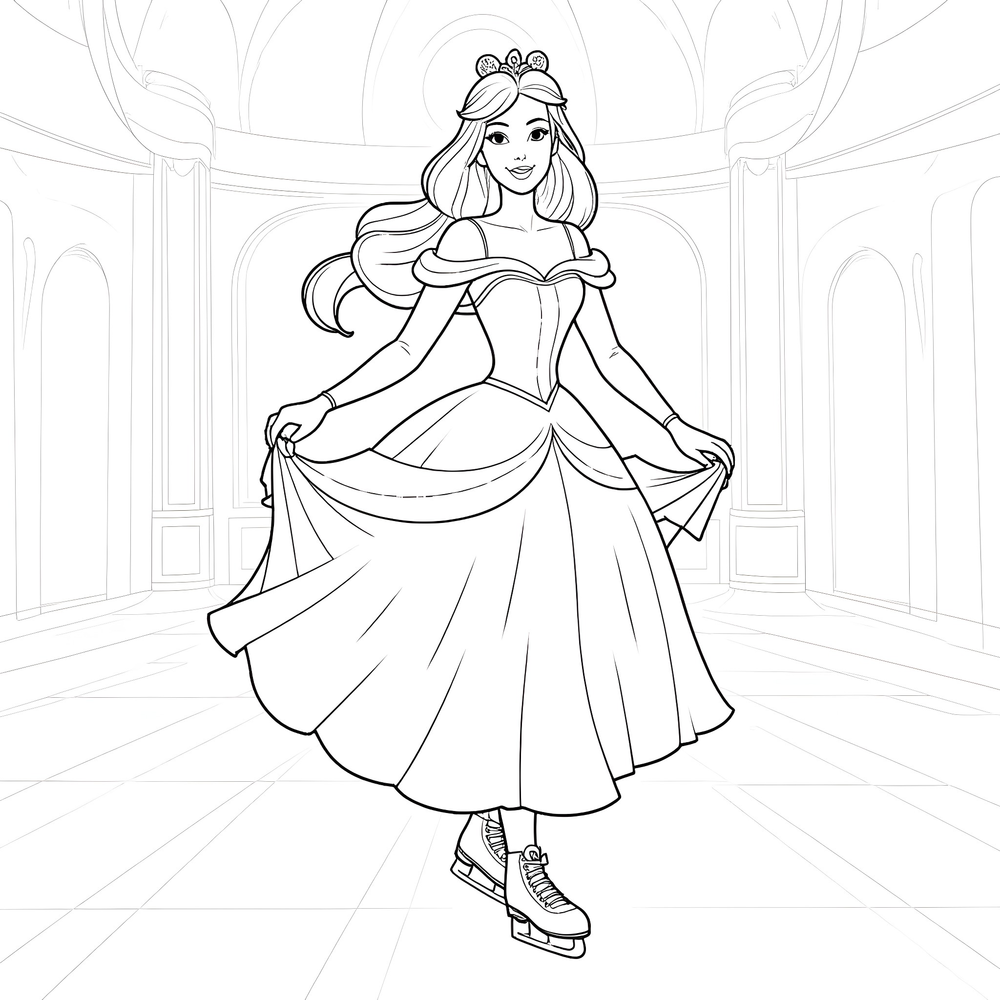 Belle Dancing Gracefully in Elegant Gown Coloring Page (free black-and-white line drawing printable PDF for all, from beginners to advanced learners, including children, teens, adults, and seniors)