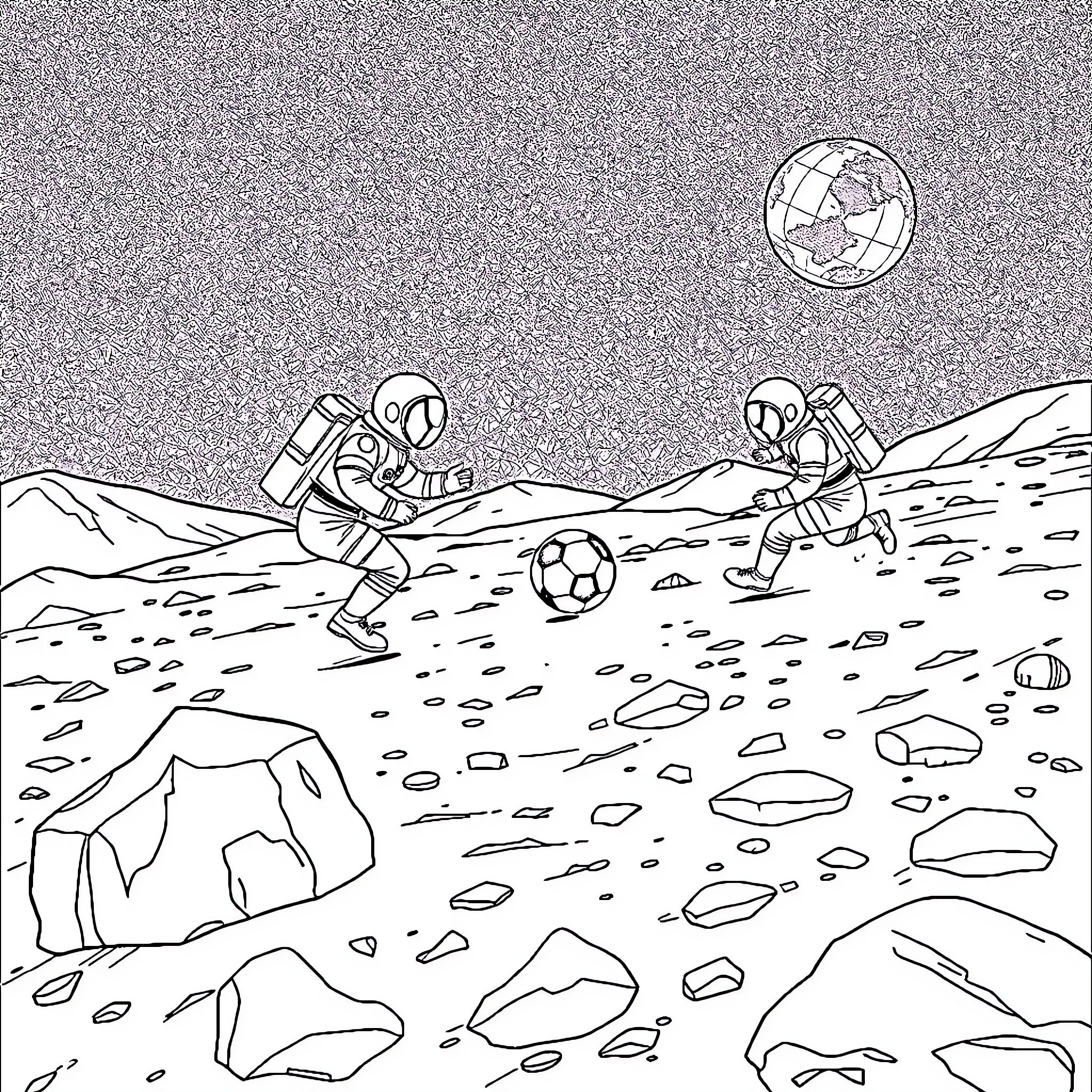 Football players exploring extraterrestrial landscape Coloring Page (free black-and-white line drawing printable PDF for all, from beginners to advanced learners, including children, teens, adults, and seniors)