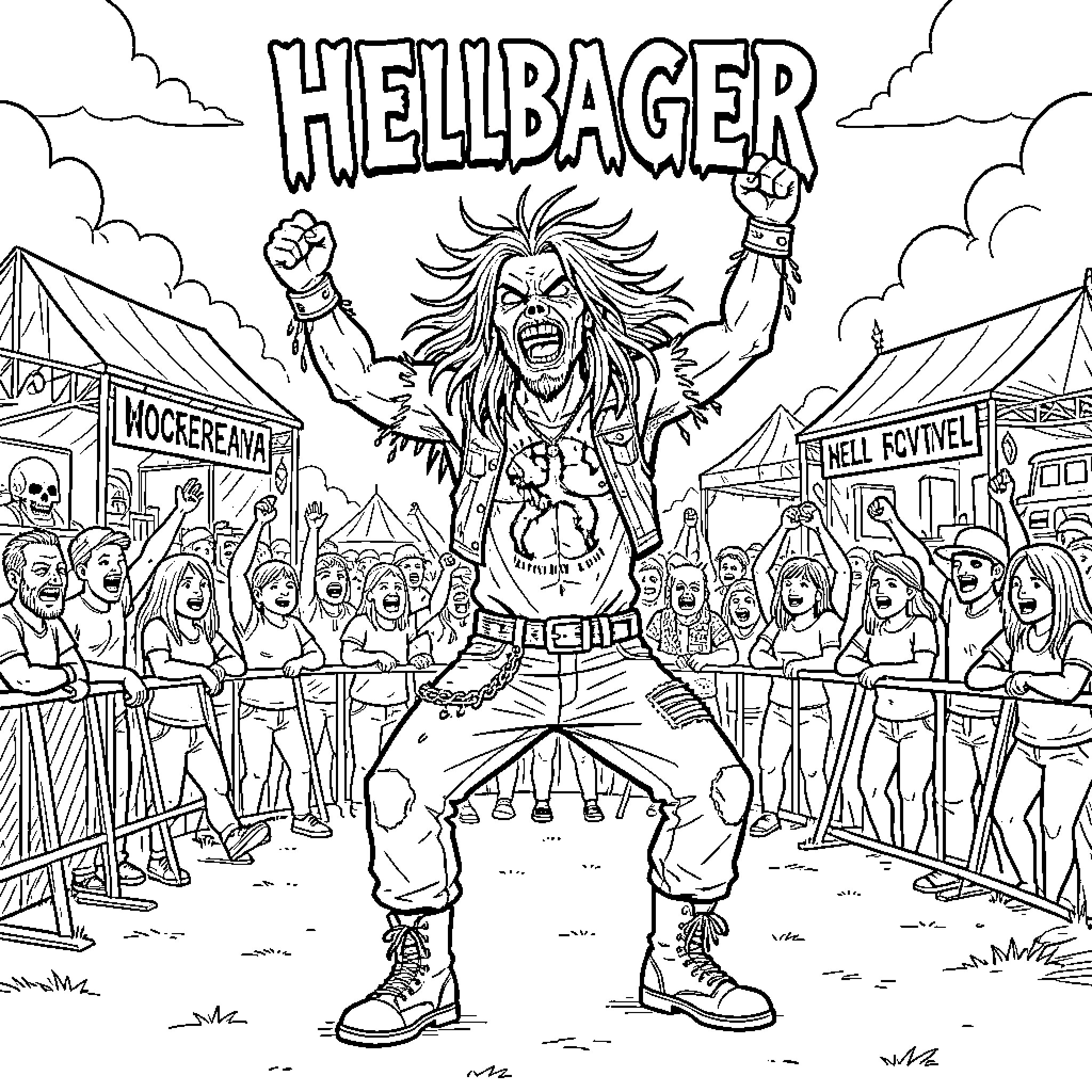 Hellbanger rock musician performing energetically for a cheering crowd Coloring Page (free black-and-white line drawing printable PDF for all, from beginners to advanced learners, including children, teens, adults, and seniors)
