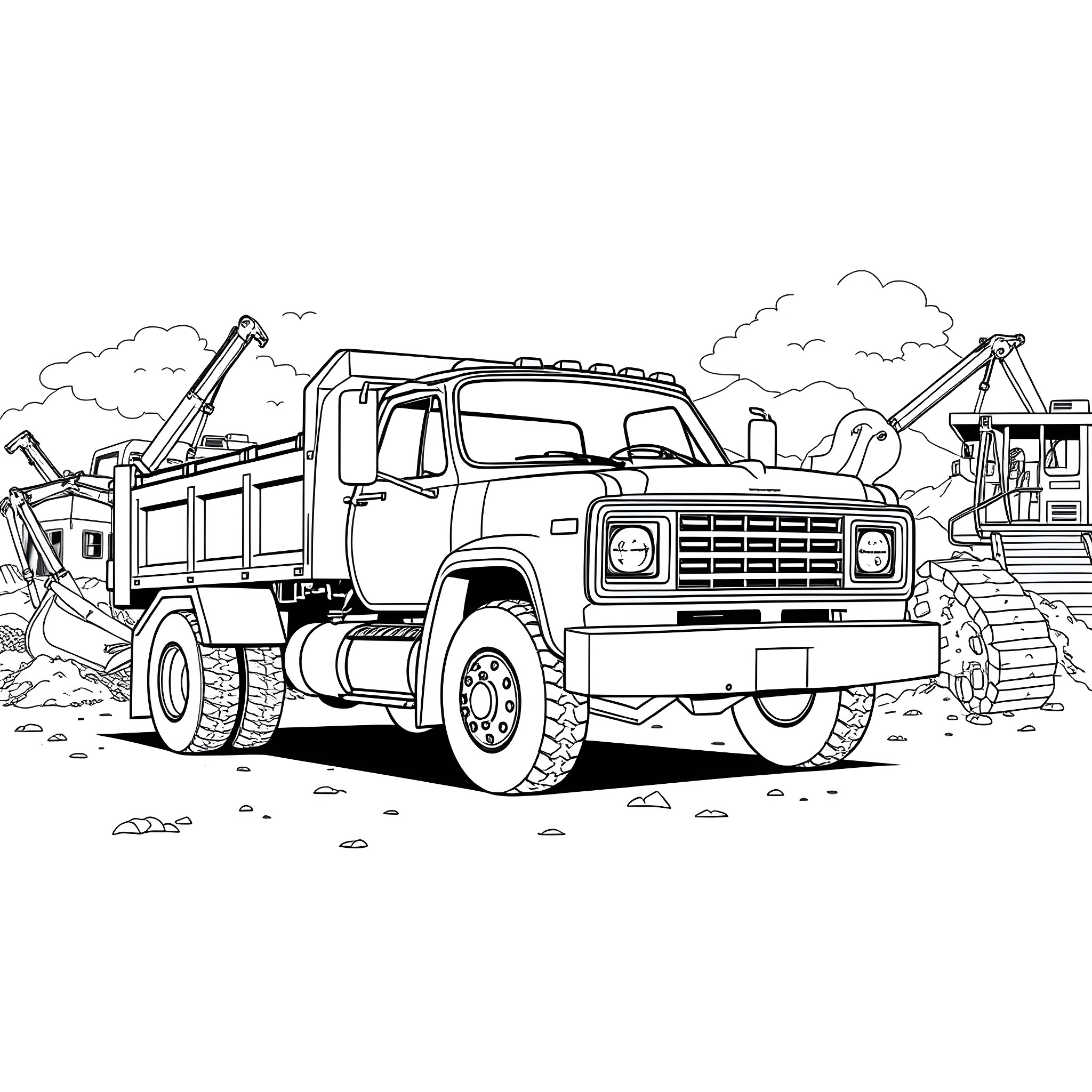Dodge Truck Hauling Heavy Cargo in Construction Site Coloring Page (free black-and-white line drawing printable PDF for all, from beginners to advanced learners, including children, teens, adults, and seniors)