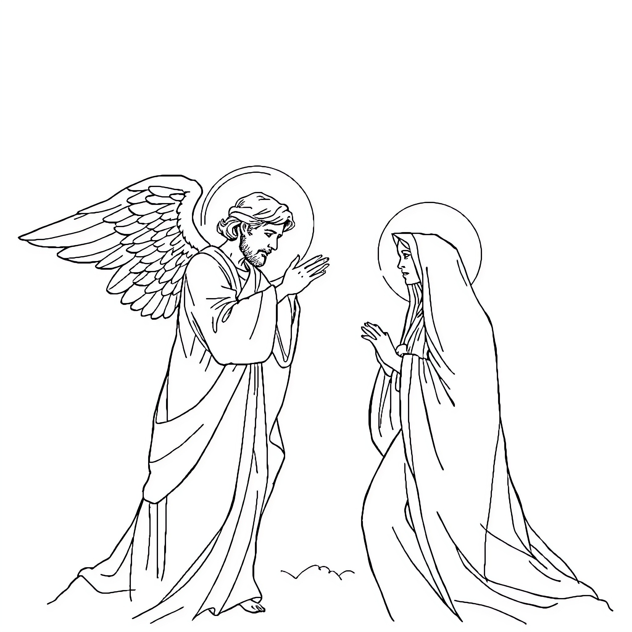 Annunciation of the Virgin Mary by an Angel Coloring Page (free black-and-white line drawing printable PDF for all, from beginners to advanced learners, including children, teens, adults, and seniors)