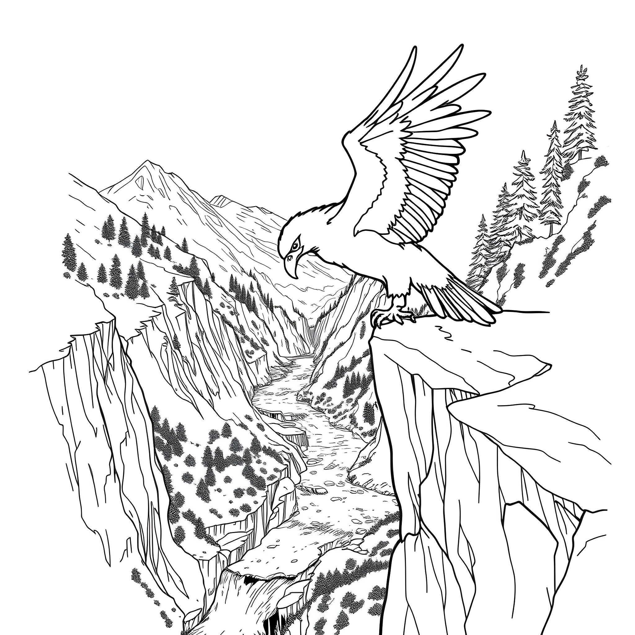 Thunderbird soaring over majestic mountain landscape Coloring Page (free black-and-white line drawing printable PDF for all, from beginners to advanced learners, including children, teens, adults, and seniors)