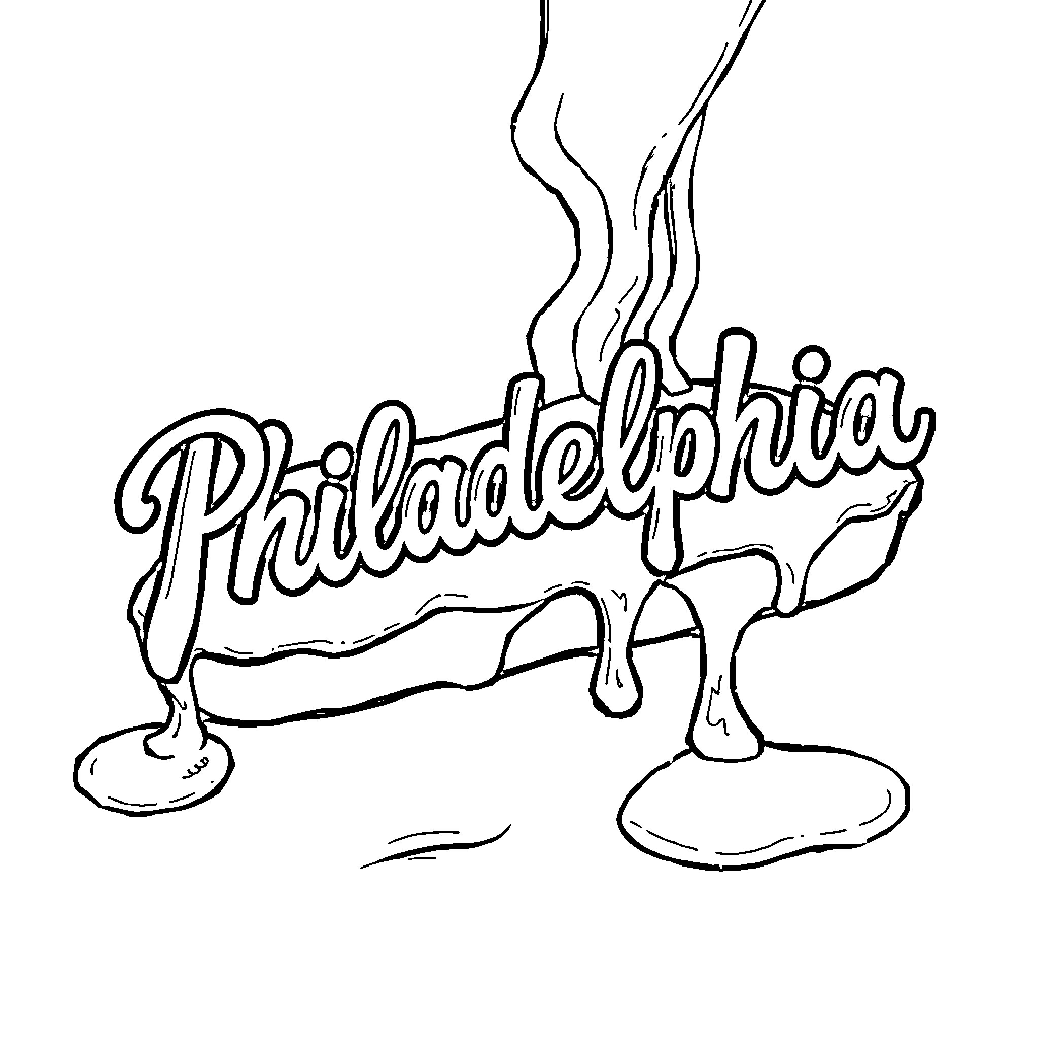 Cheese Steak with Philadelphia lettering Coloring Page (free black-and-white line drawing printable PDF for all, from beginners to advanced learners, including children, teens, adults, and seniors)