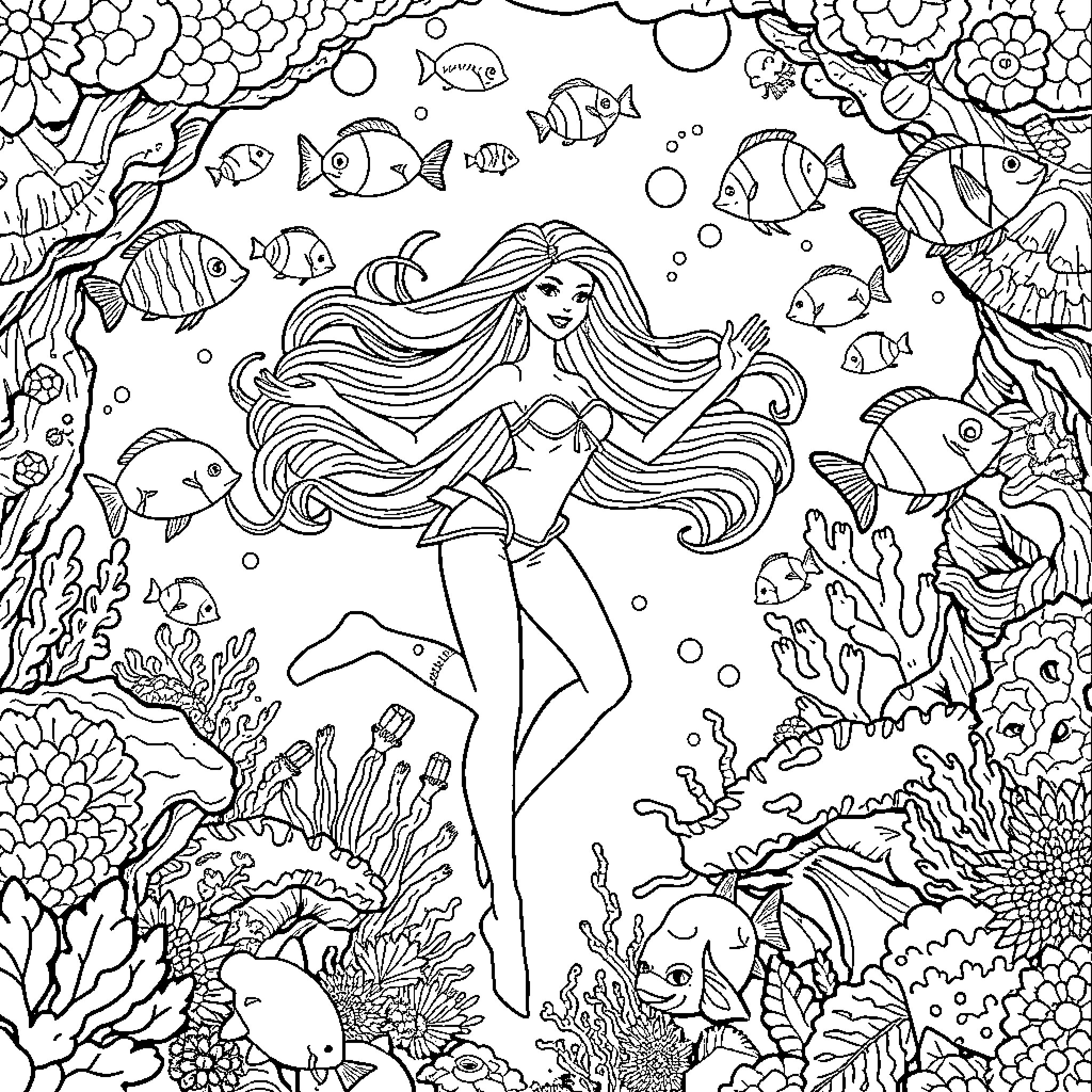 Barbie's Underwater Adventure with Marine Life Coloring Page (free black-and-white line drawing printable PDF for all, from beginners to advanced learners, including children, teens, adults, and seniors)