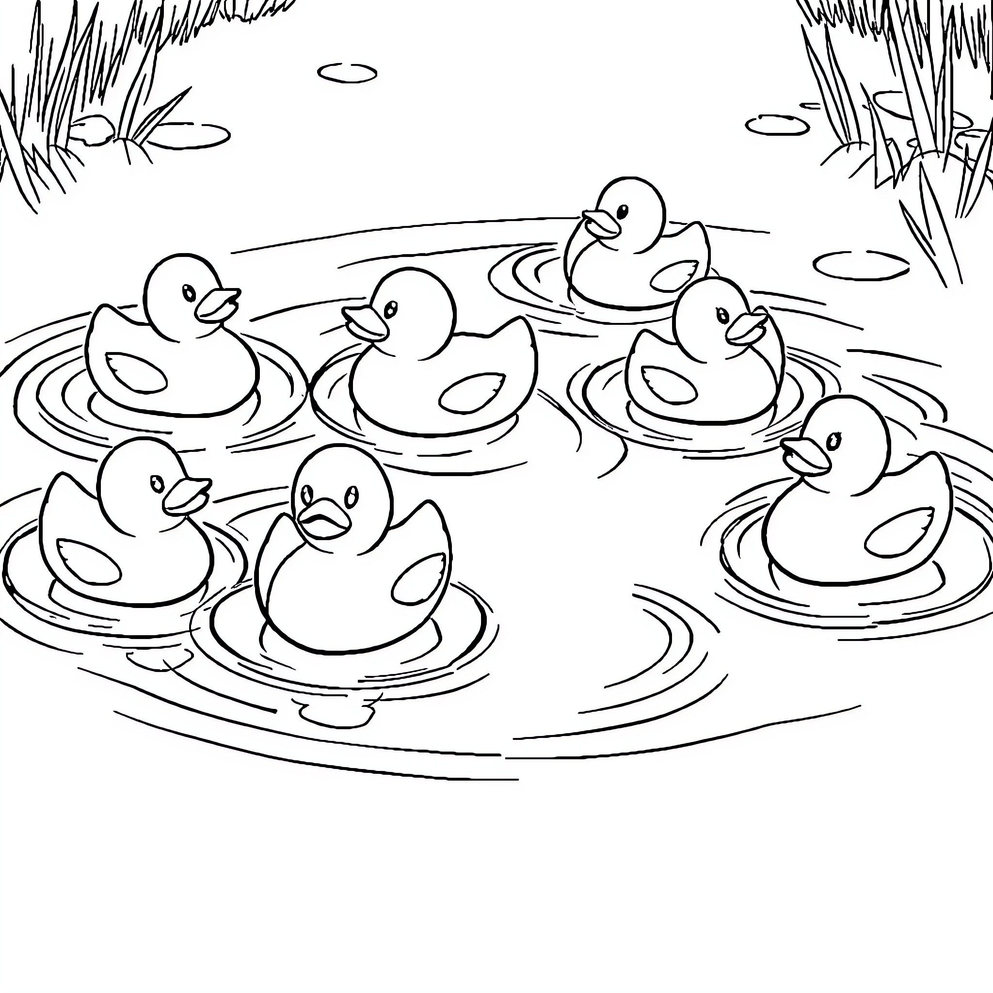 Rubber Ducks Floating in Pond Coloring Page (free black-and-white line drawing printable PDF for all, from beginners to advanced learners, including children, teens, adults, and seniors)