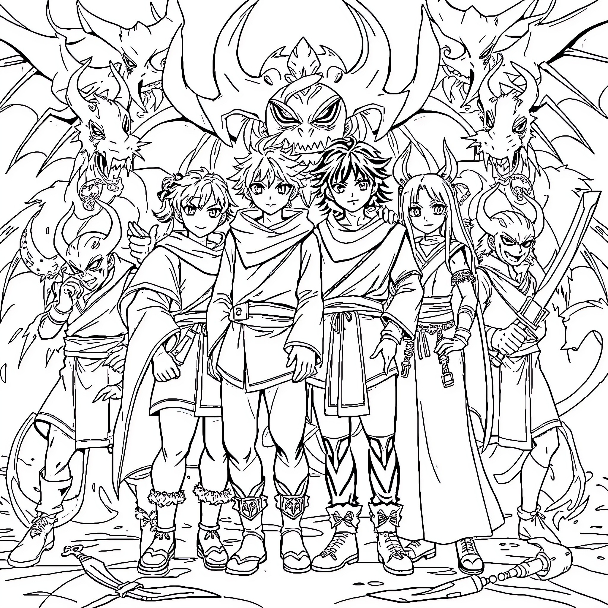 Character group in epic fantasy scene Coloring Page (free black-and-white line drawing printable PDF for all, from beginners to advanced learners, including children, teens, adults, and seniors)