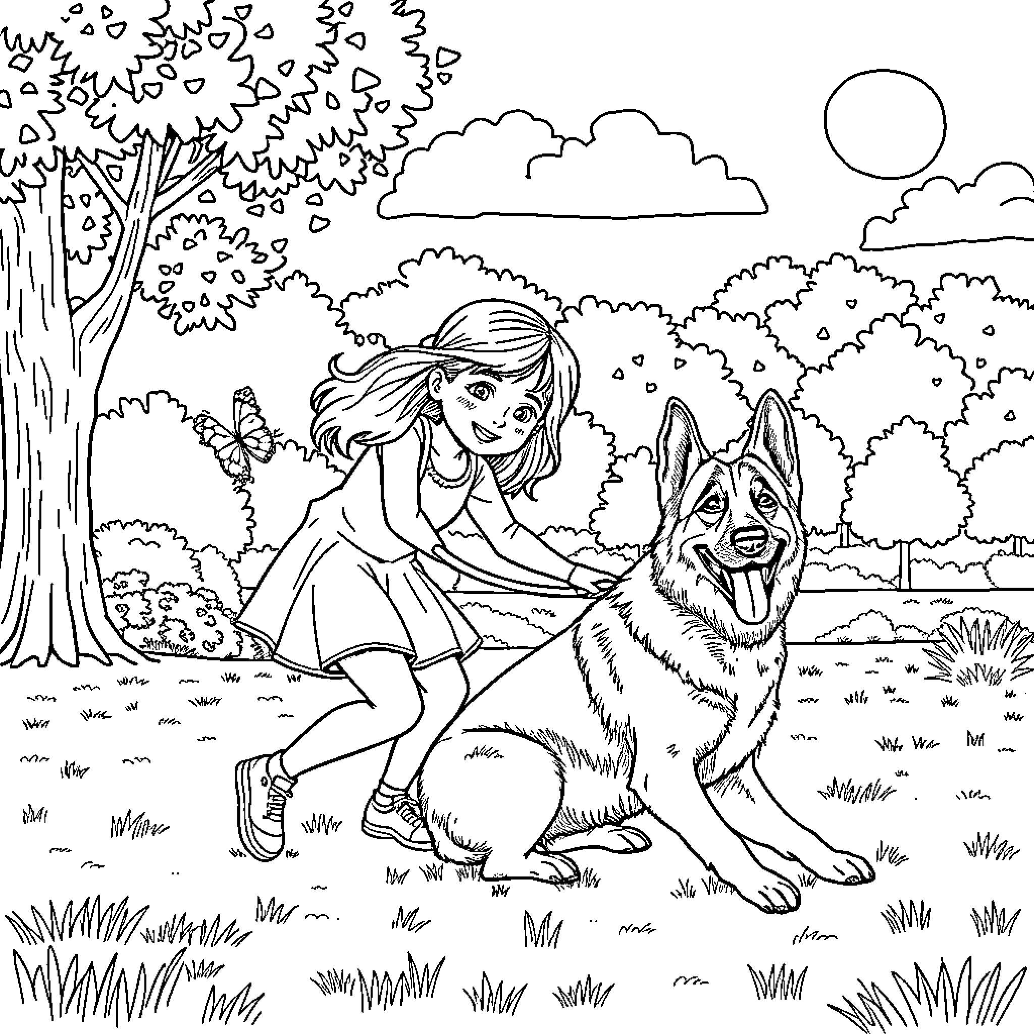 German Shepherd playing with girl in the park Coloring Page (free black-and-white line drawing printable PDF for all, from beginners to advanced learners, including children, teens, adults, and seniors)