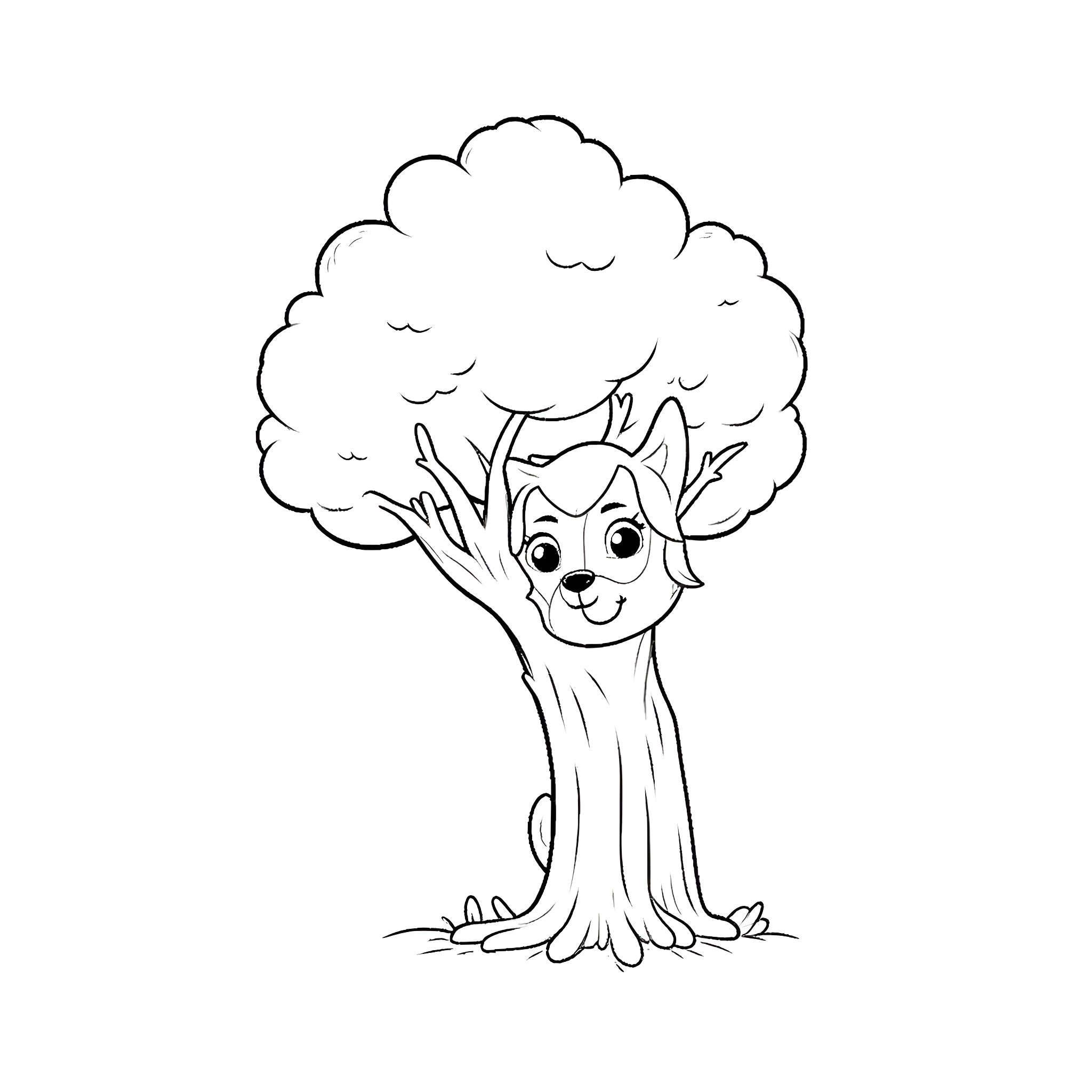 Dog peeking out from behind a tree Coloring Page (free black-and-white line drawing printable PDF for all, from beginners to advanced learners, including children, teens, adults, and seniors)