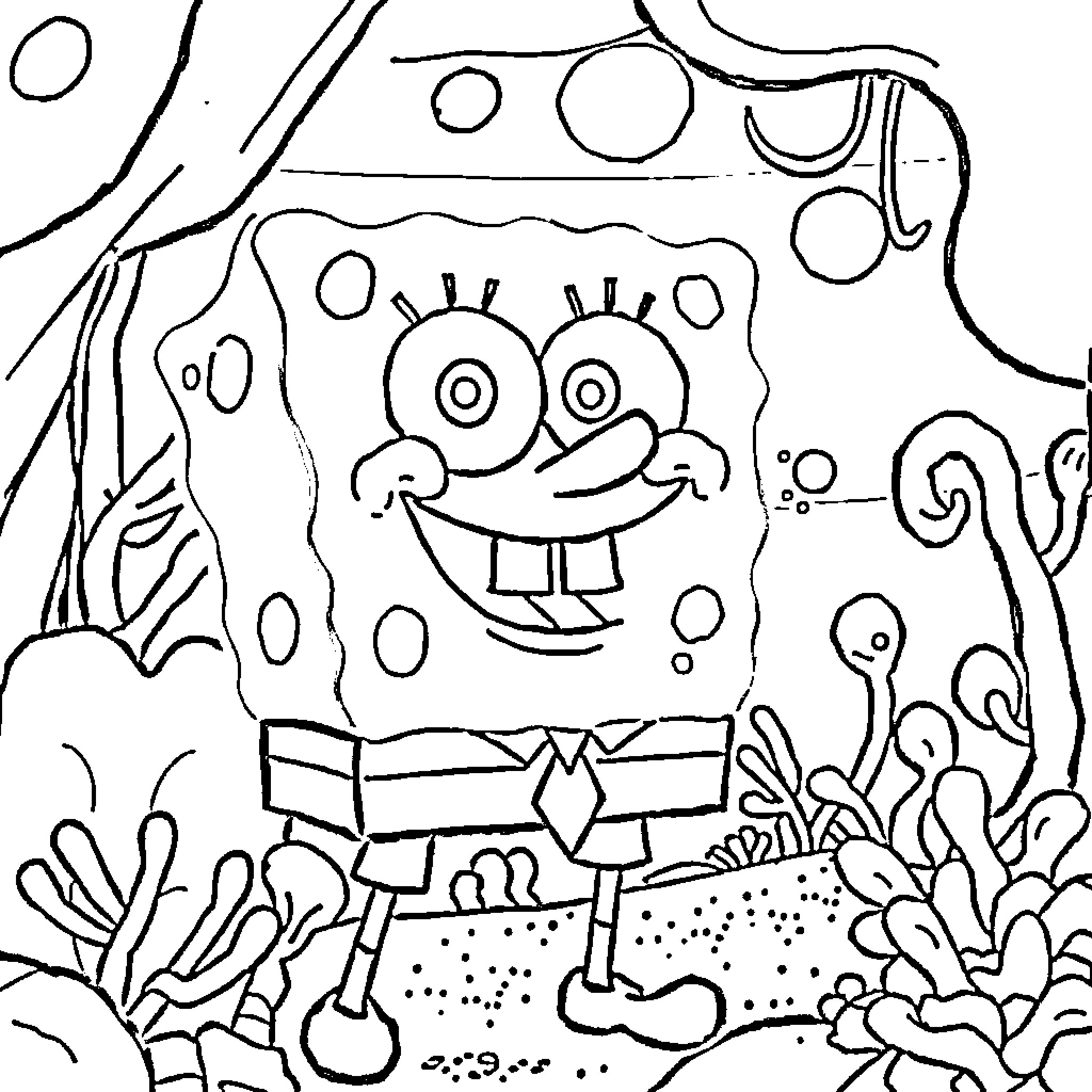Spongebob happily exploring the underwater world Coloring Page (free black-and-white line drawing printable PDF for all, from beginners to advanced learners, including children, teens, adults, and seniors)