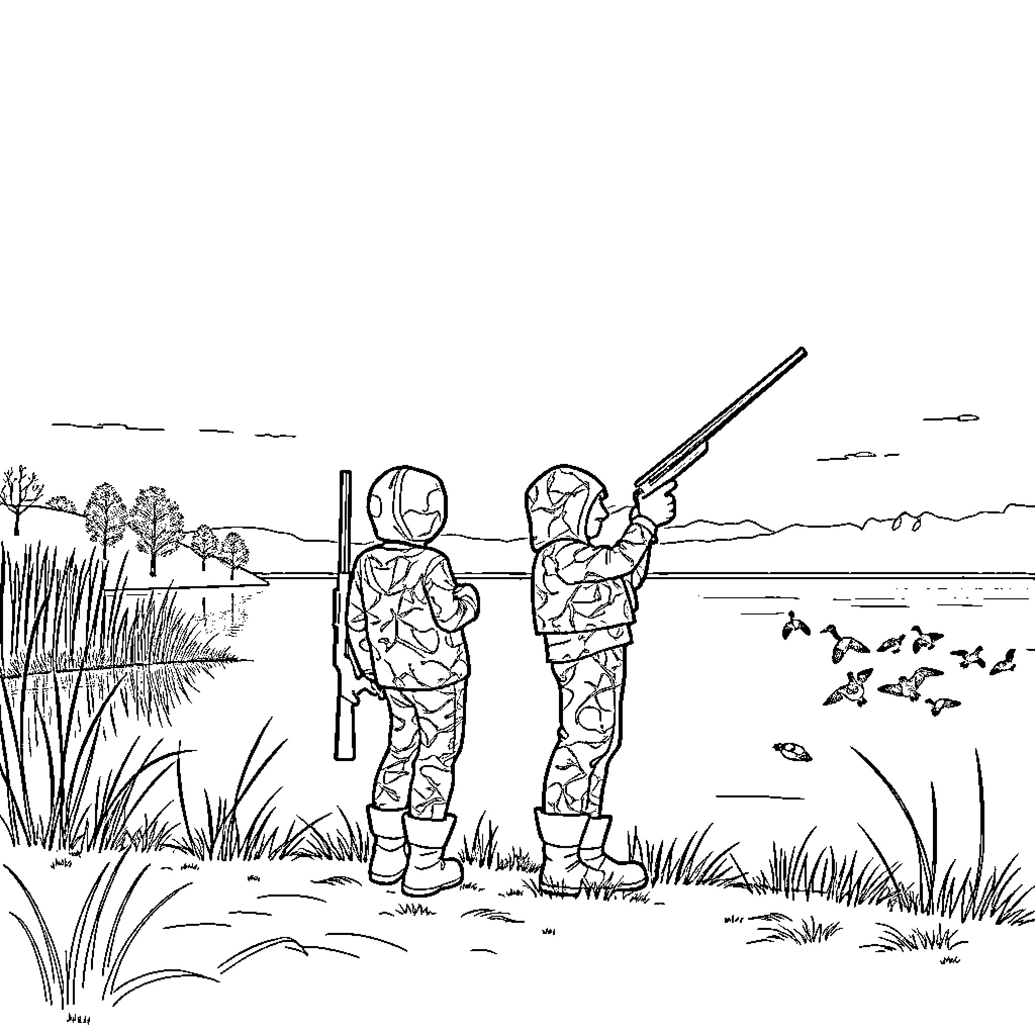 Duck hunters in the wetlands Coloring Page (free black-and-white line drawing printable PDF for all, from beginners to advanced learners, including children, teens, adults, and seniors)
