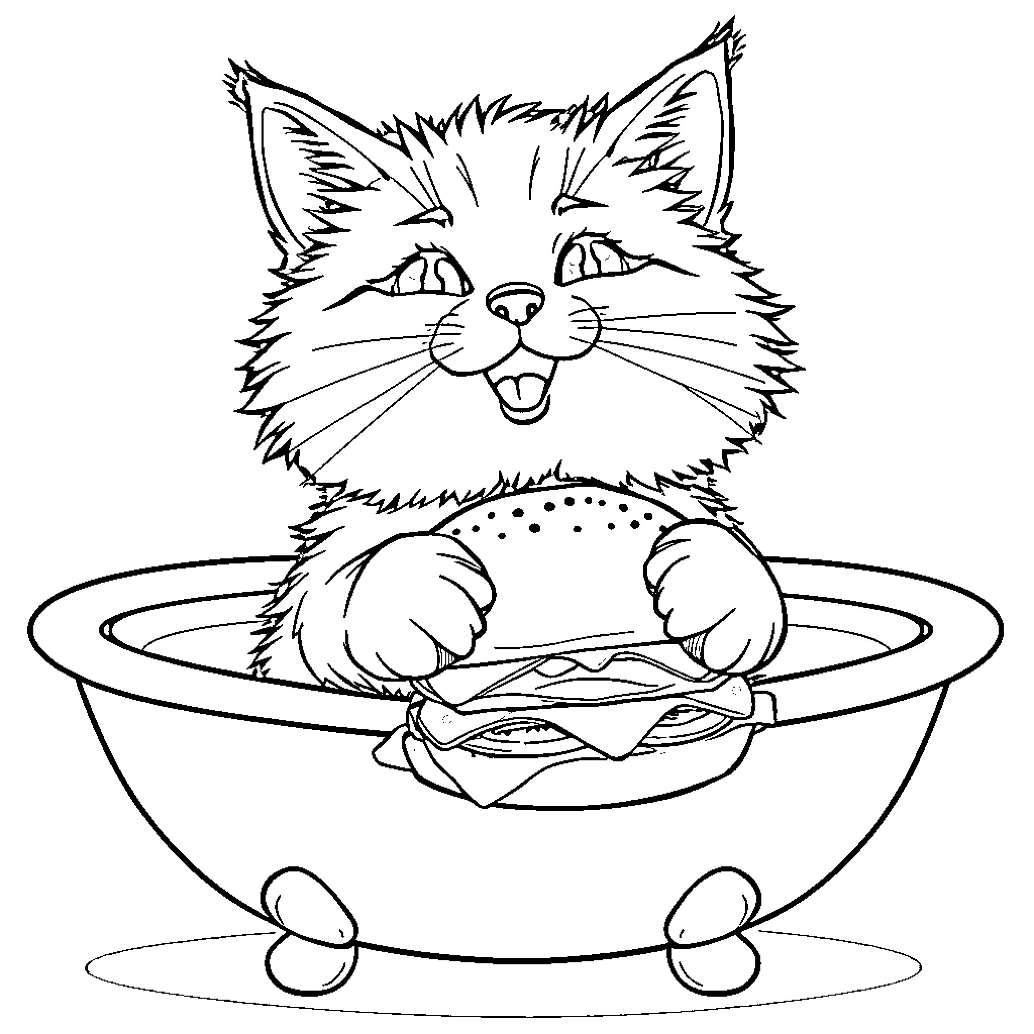 Cat relaxing in a bath Coloring Page (free black-and-white line drawing printable PDF for all, from beginners to advanced learners, including children, teens, adults, and seniors)