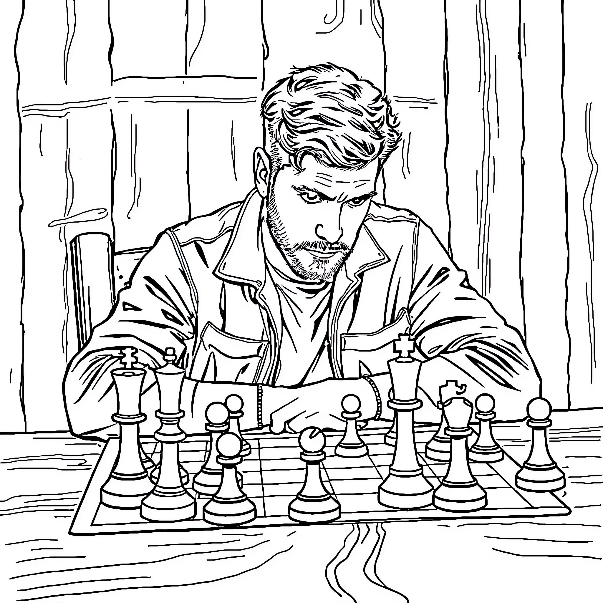 Josh Allen Contemplating Chess Strategy Coloring Page (free black-and-white line drawing printable PDF for all, from beginners to advanced learners, including children, teens, adults, and seniors)