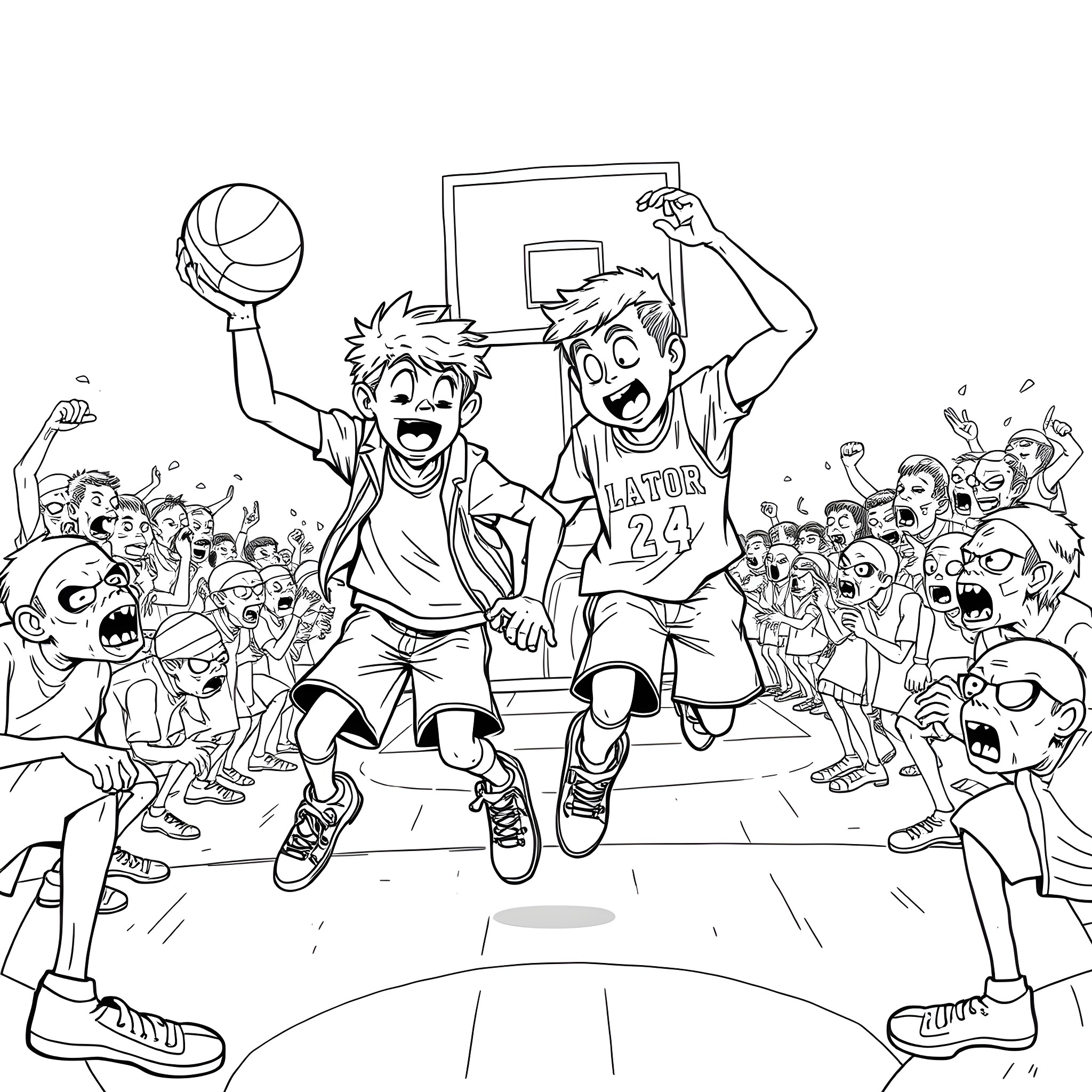 Milo Mannheim's basketball game celebration with teammates and fans Coloring Page (free black-and-white line drawing printable PDF for all, from beginners to advanced learners, including children, teens, adults, and seniors)