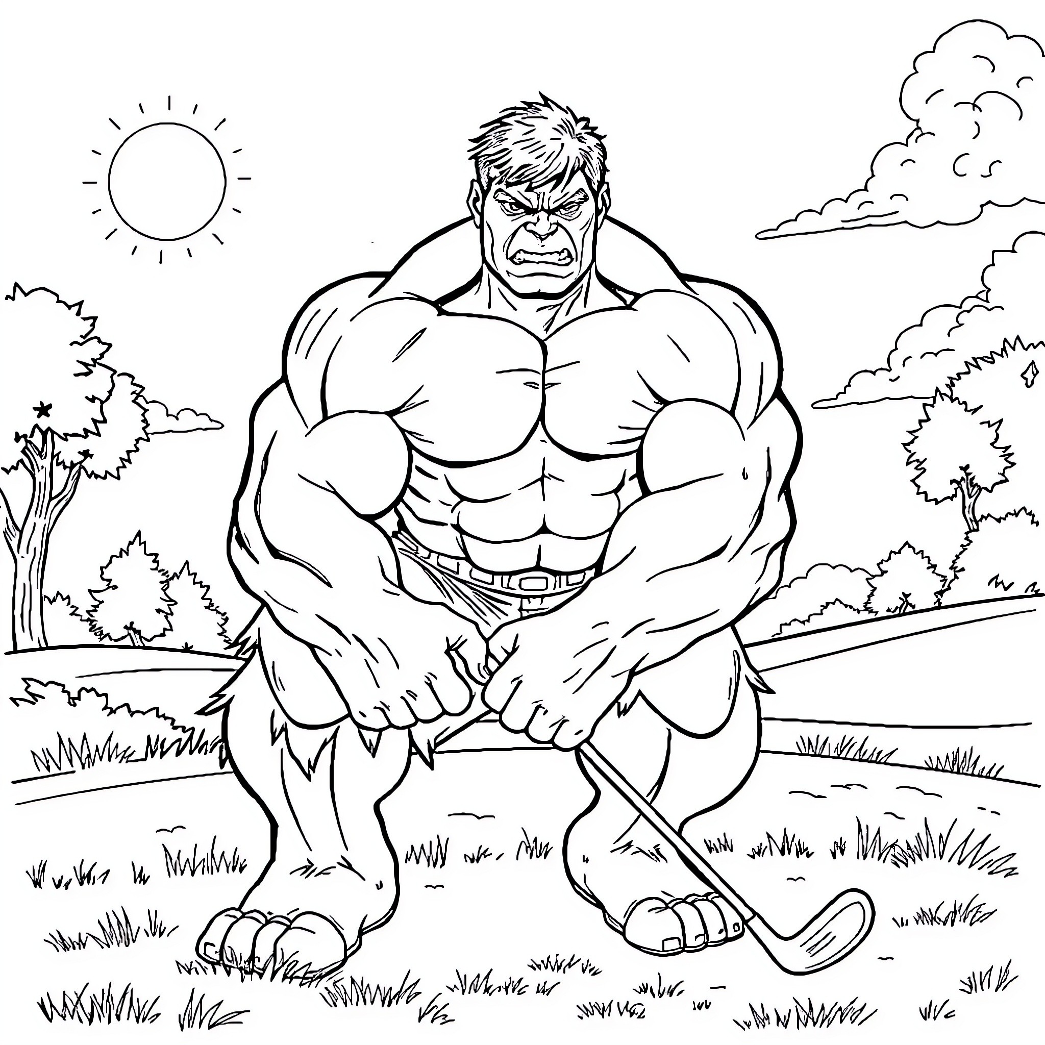 Hulk stomping through the wilderness Coloring Page (free black-and-white line drawing printable PDF for all, from beginners to advanced learners, including children, teens, adults, and seniors)