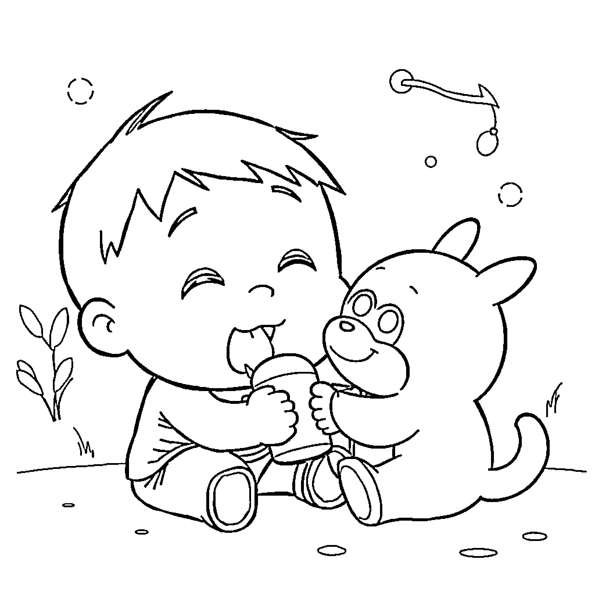 Shinchan playing with his pet in the outdoors Coloring Page (free black-and-white line drawing printable PDF for all, from beginners to advanced learners, including children, teens, adults, and seniors)