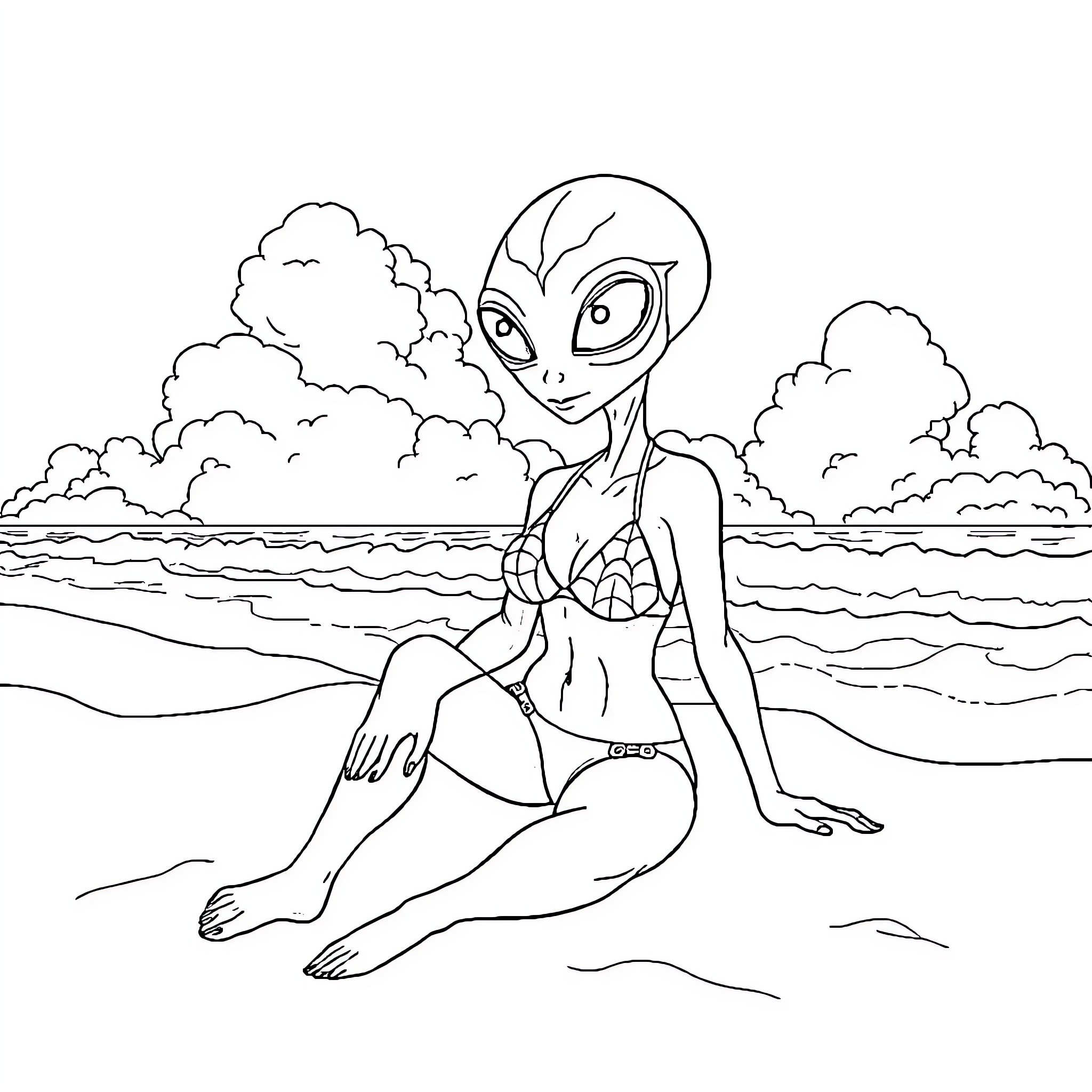 Alien enjoying a day at the beach Coloring Page (free black-and-white line drawing printable PDF for all, from beginners to advanced learners, including children, teens, adults, and seniors)