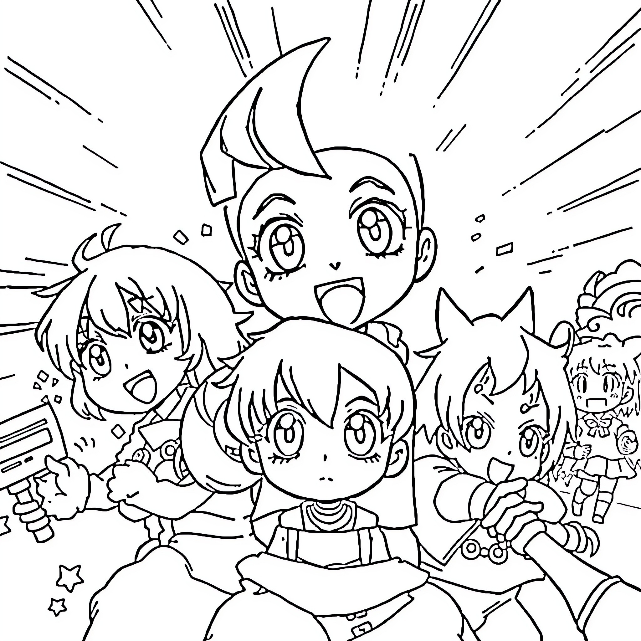 Anime Characters in Excited Expressions Coloring Page (free black-and-white line drawing printable PDF for all, from beginners to advanced learners, including children, teens, adults, and seniors)