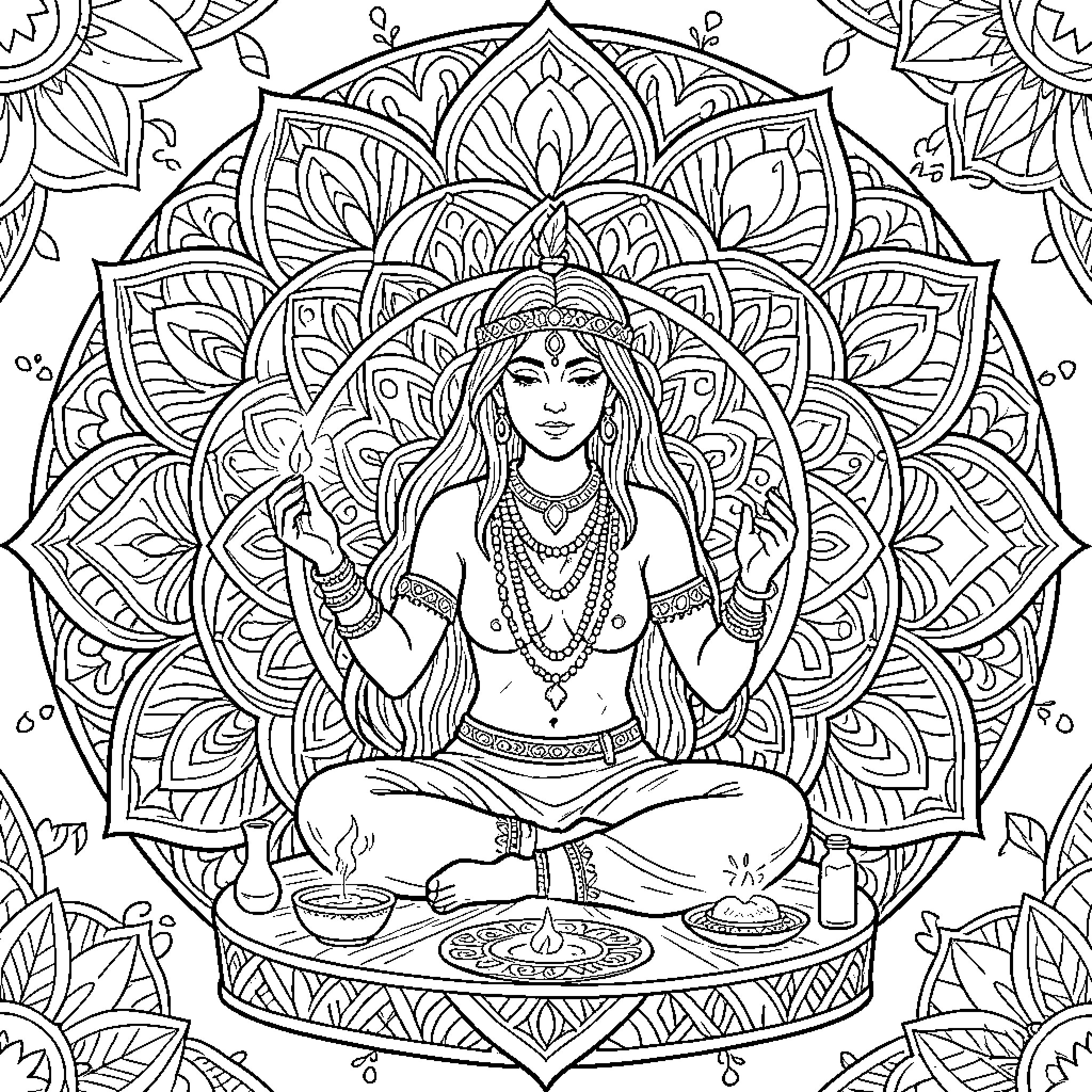 Shaman Woman Meditating in Ornate Mandala Surroundings Coloring Page (free black-and-white line drawing printable PDF for all, from beginners to advanced learners, including children, teens, adults, and seniors)