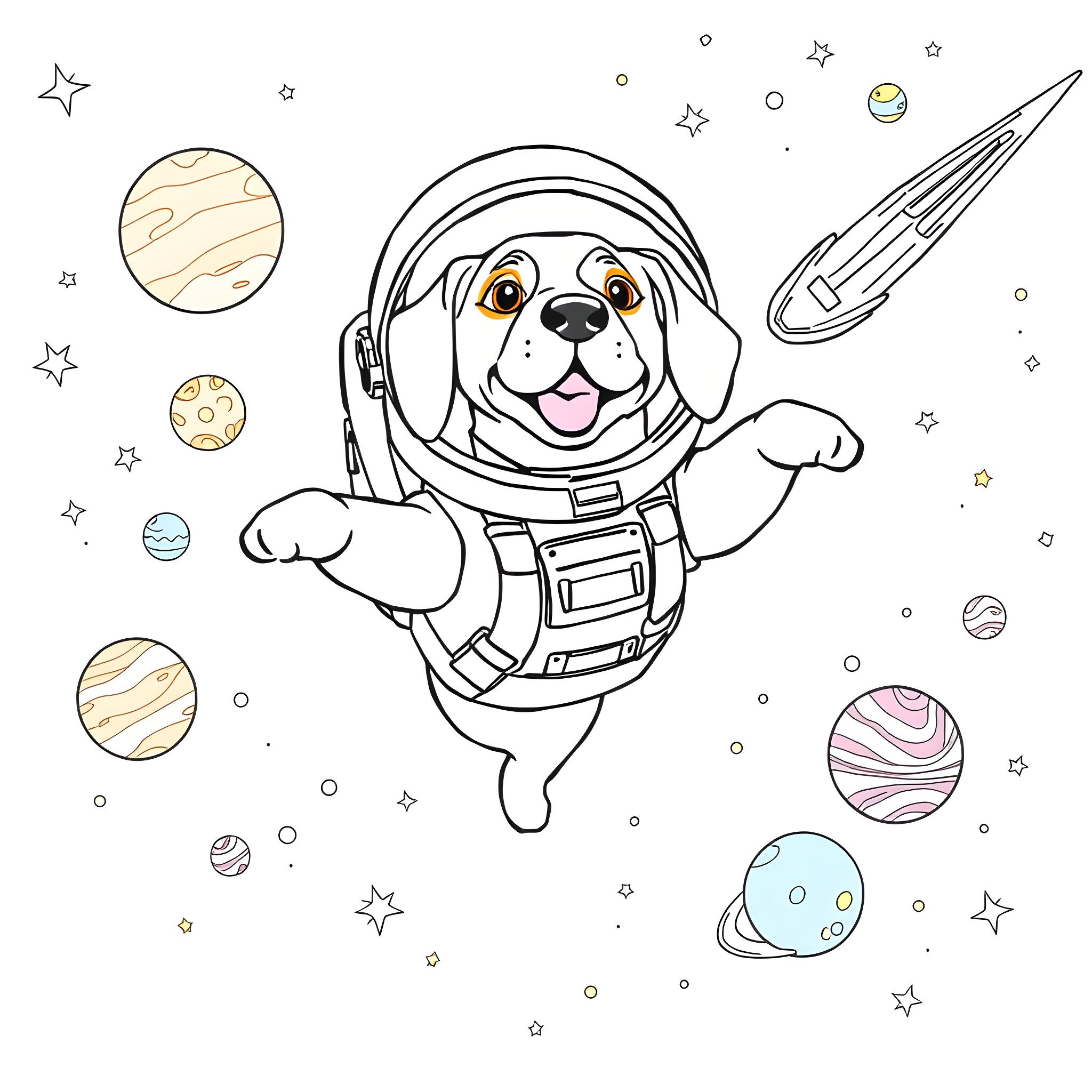 Beagle astronaut exploring the cosmos Coloring Page (free black-and-white line drawing printable PDF for all, from beginners to advanced learners, including children, teens, adults, and seniors)