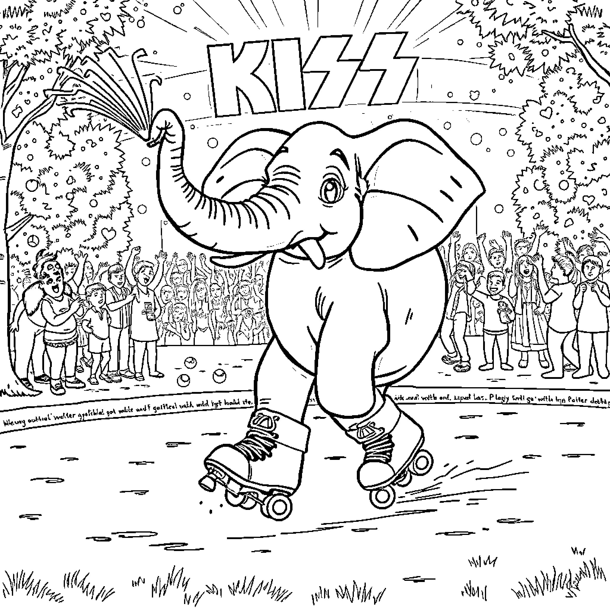 Elephant roller skating with people in the crowd Coloring Page (free black-and-white line drawing printable PDF for all, from beginners to advanced learners, including children, teens, adults, and seniors)