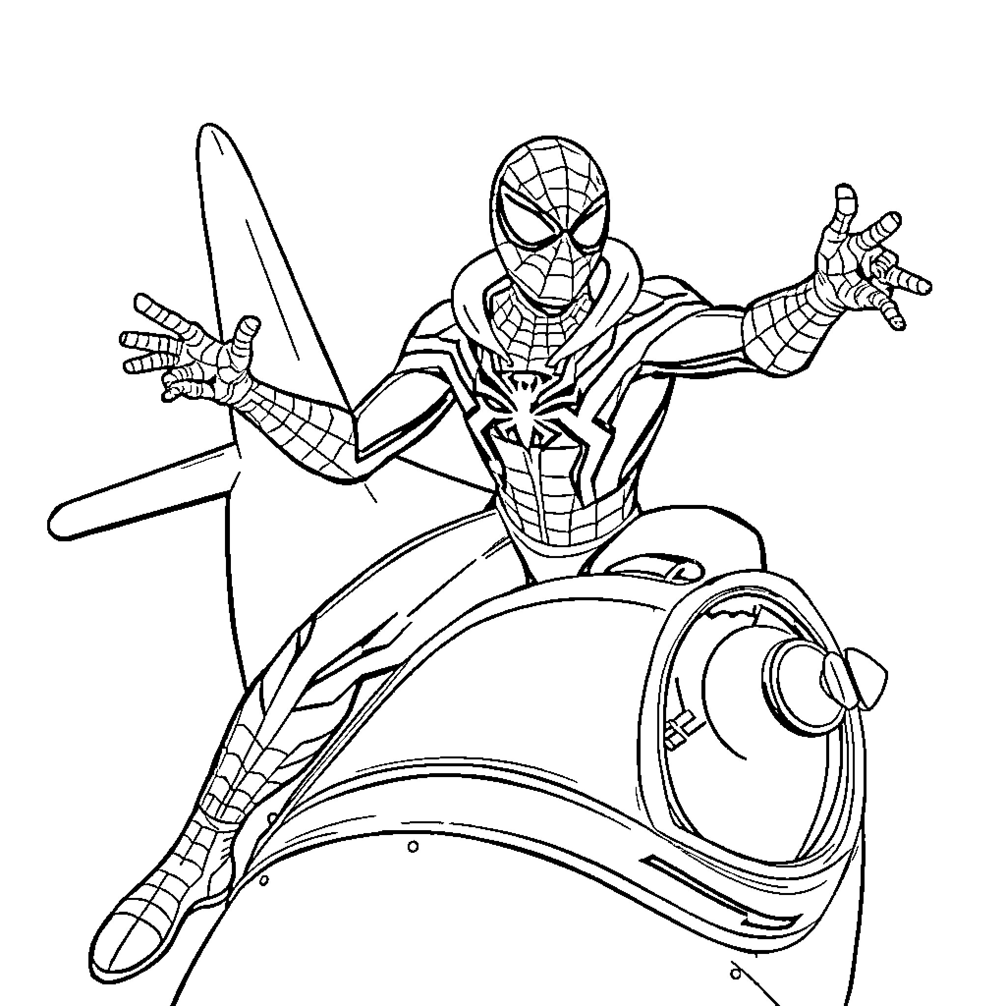 Espaiderman in heroic pose with gadgets Coloring Page (free black-and-white line drawing printable PDF for all, from beginners to advanced learners, including children, teens, adults, and seniors)