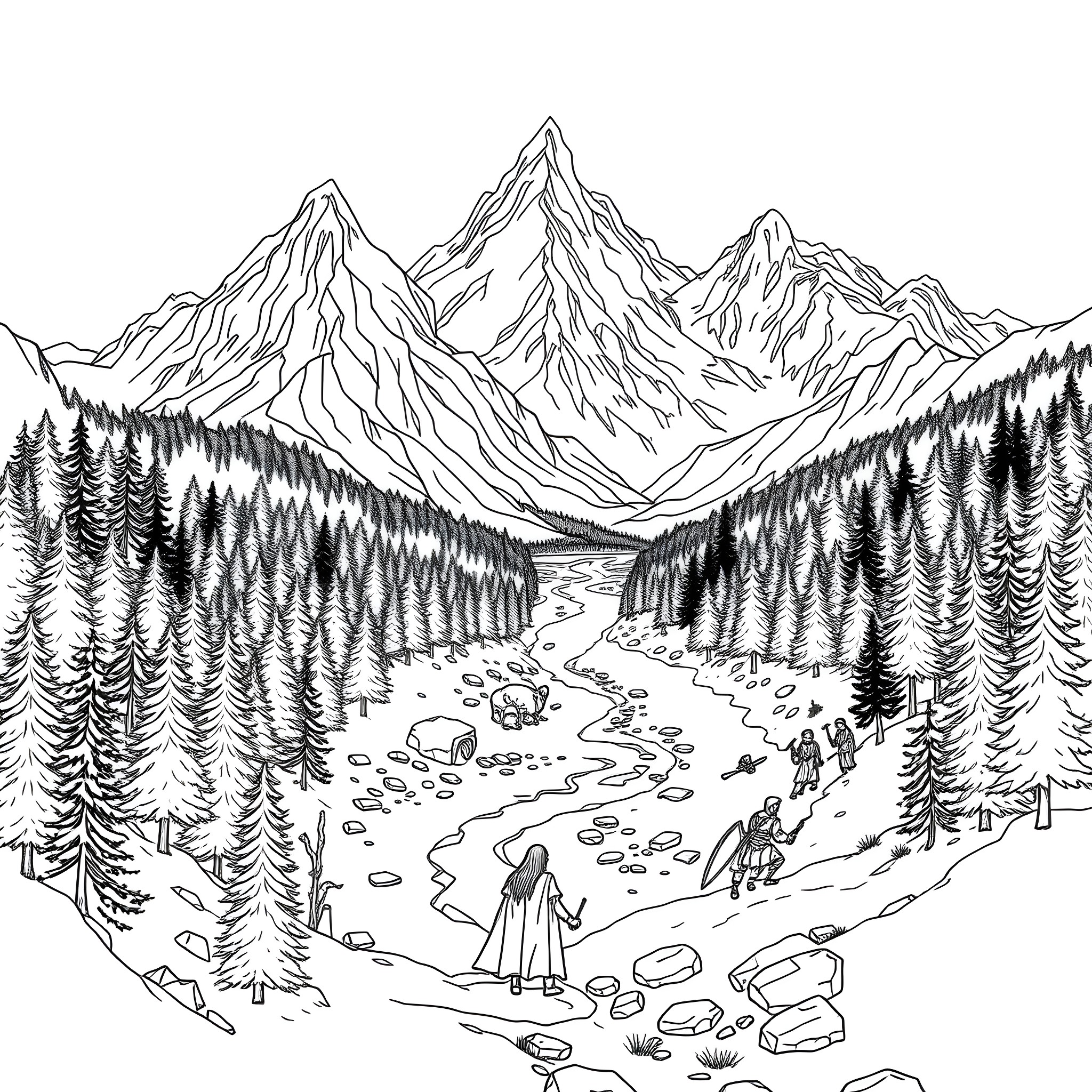 Lord of the Rings: Hobbits trekking through the majestic mountains Coloring Page (free black-and-white line drawing printable PDF for all, from beginners to advanced learners, including children, teens, adults, and seniors)