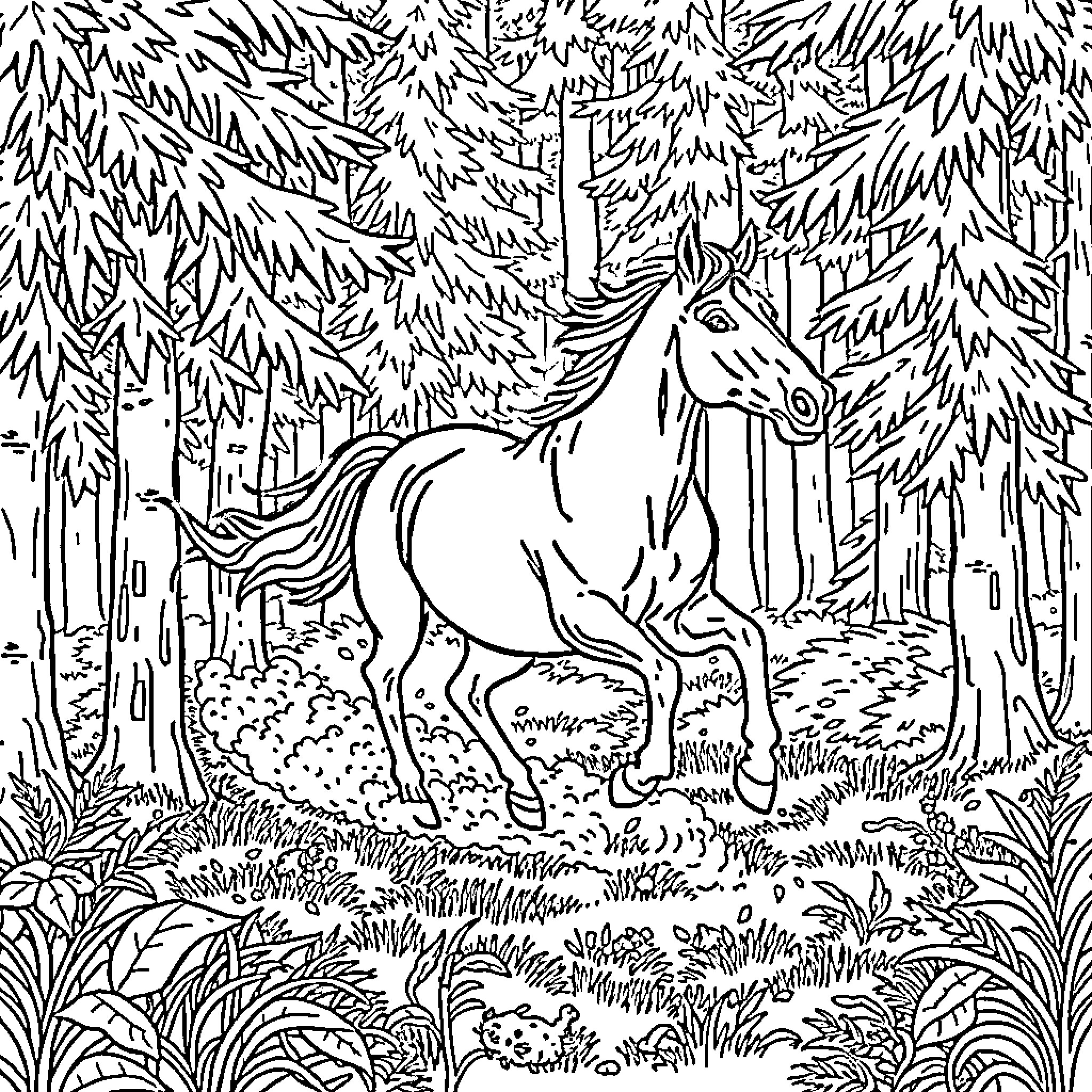 Horse running through the enchanted forest Coloring Page (free black-and-white line drawing printable PDF for all, from beginners to advanced learners, including children, teens, adults, and seniors)