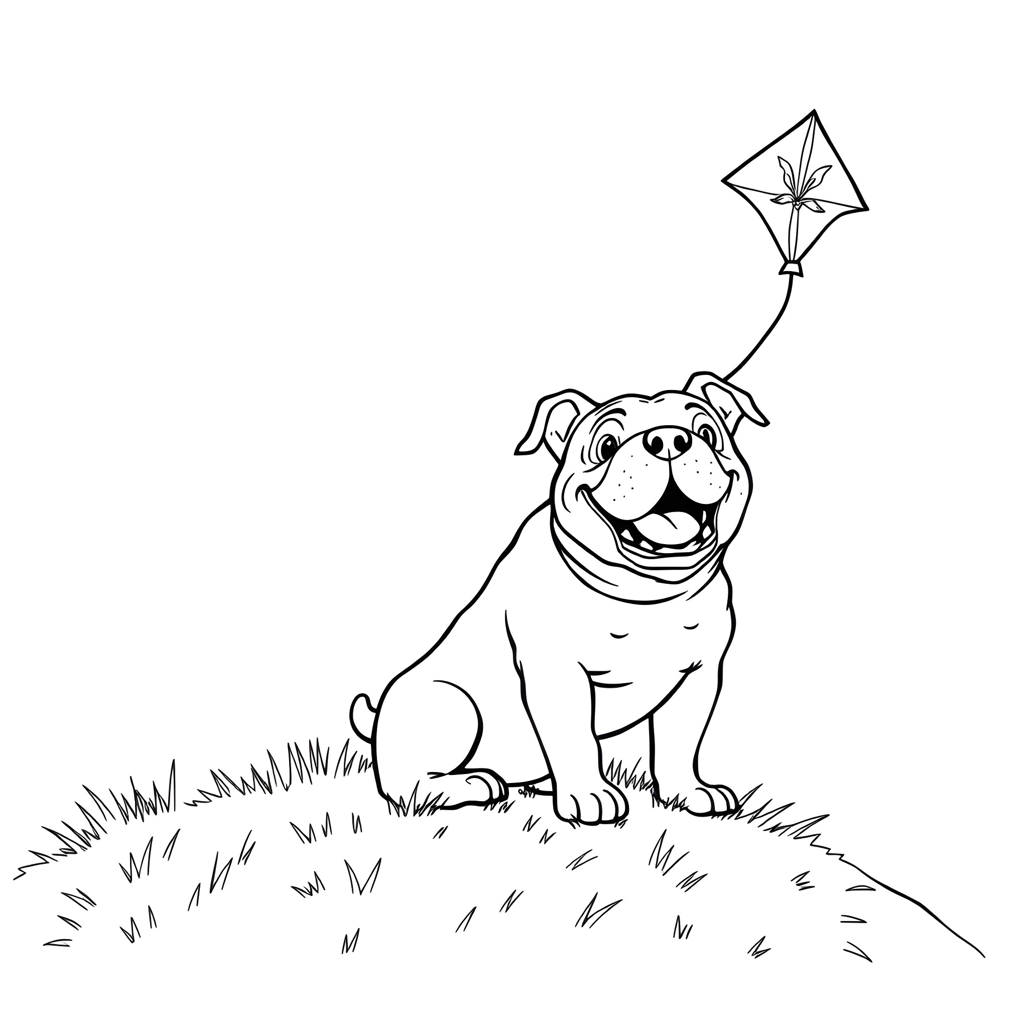 Bulldog playing with kite in the park Coloring Page (free black-and-white line drawing printable PDF for all, from beginners to advanced learners, including children, teens, adults, and seniors)