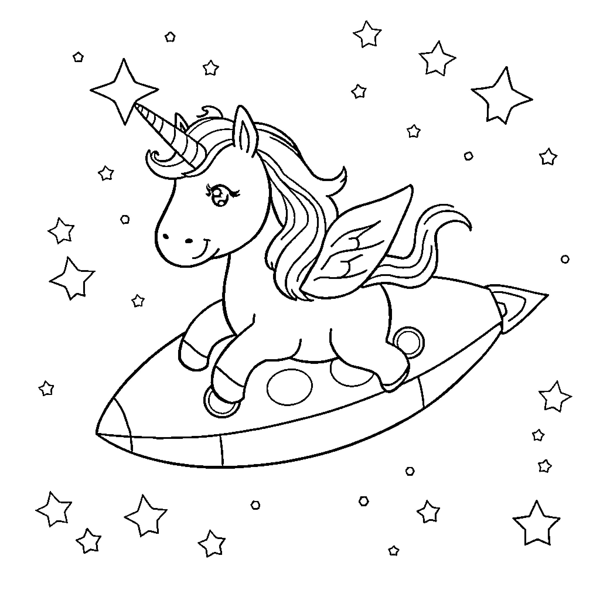 Unicorn riding a rocket through the starry sky Coloring Page (free black-and-white line drawing printable PDF for all, from beginners to advanced learners, including children, teens, adults, and seniors)