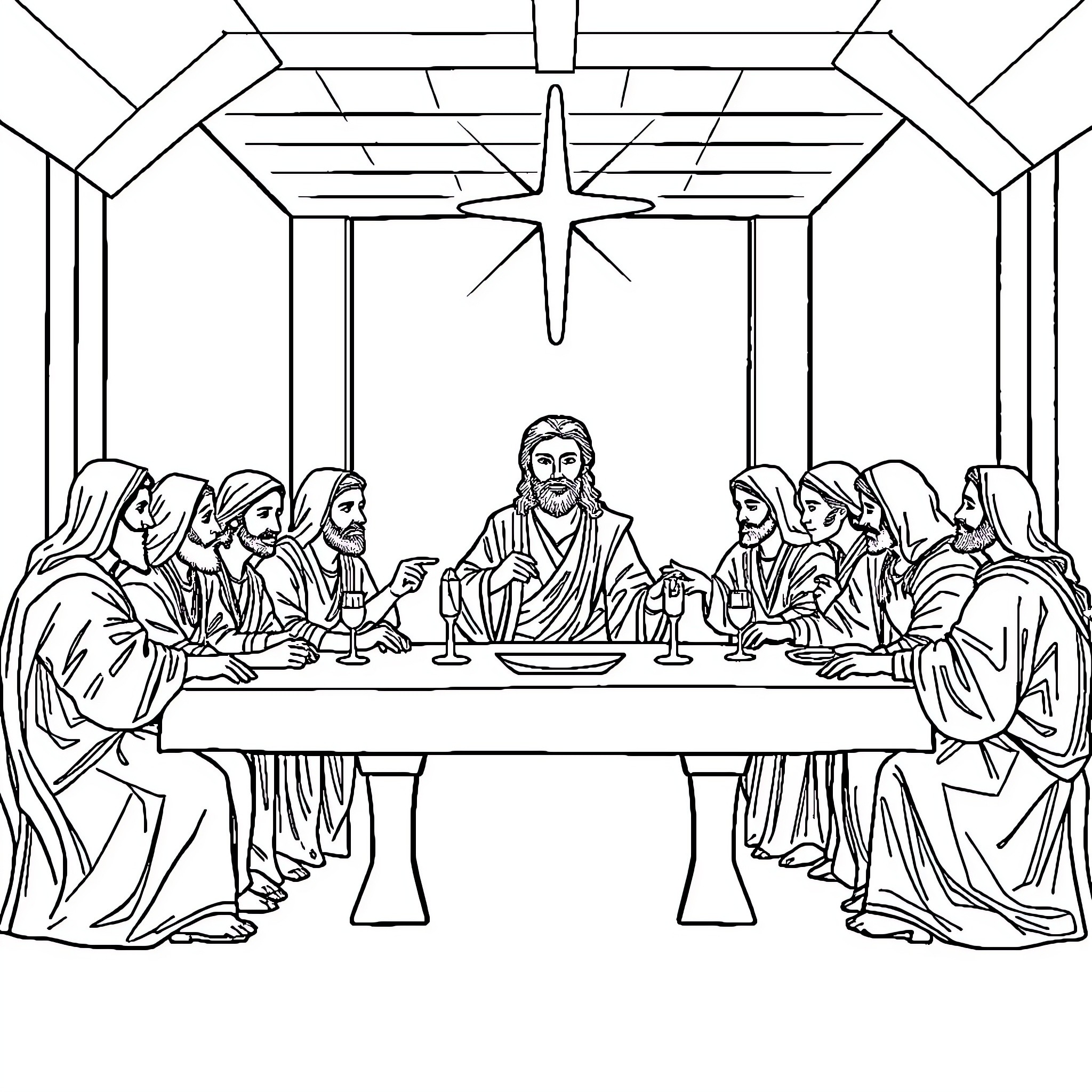 Last Supper: Gathered disciples around Jesus Coloring Page (free black-and-white line drawing printable PDF for all, from beginners to advanced learners, including children, teens, adults, and seniors)