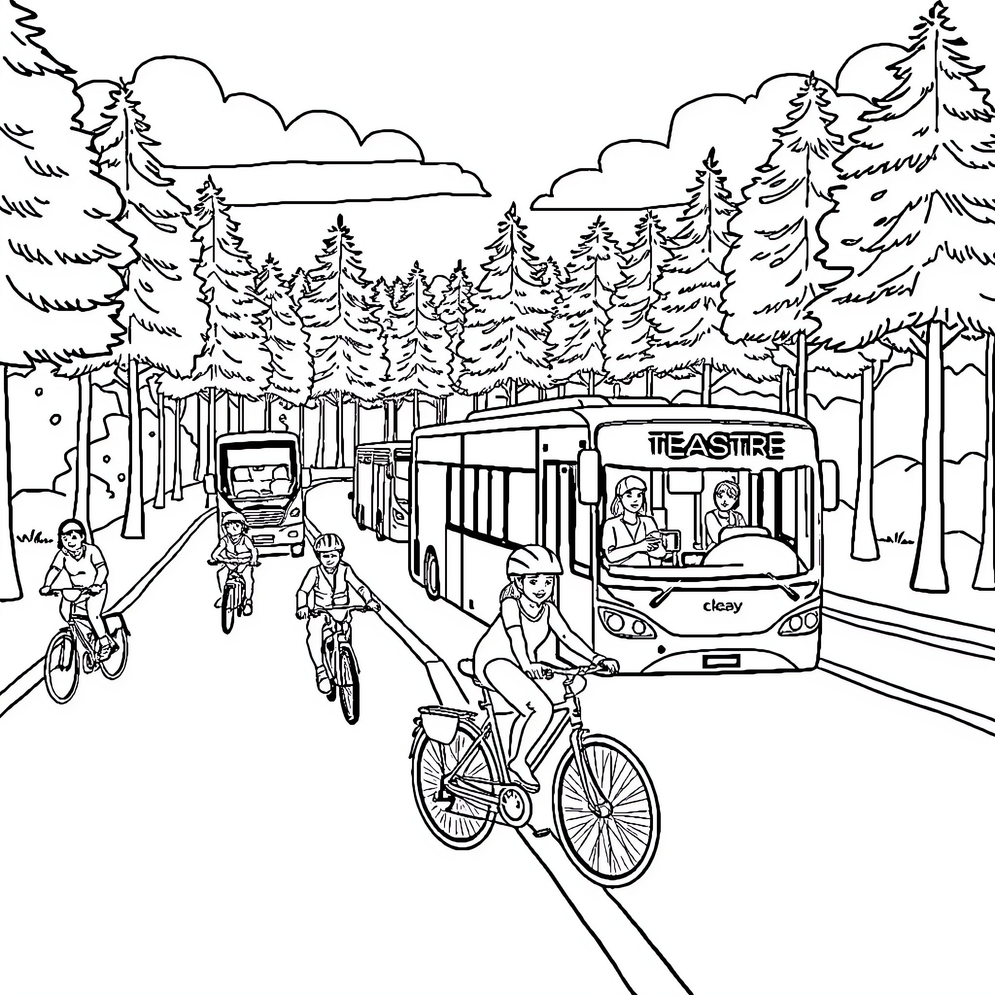 Transport in a Forested Urban Scene Coloring Page (free black-and-white line drawing printable PDF for all, from beginners to advanced learners, including children, teens, adults, and seniors)