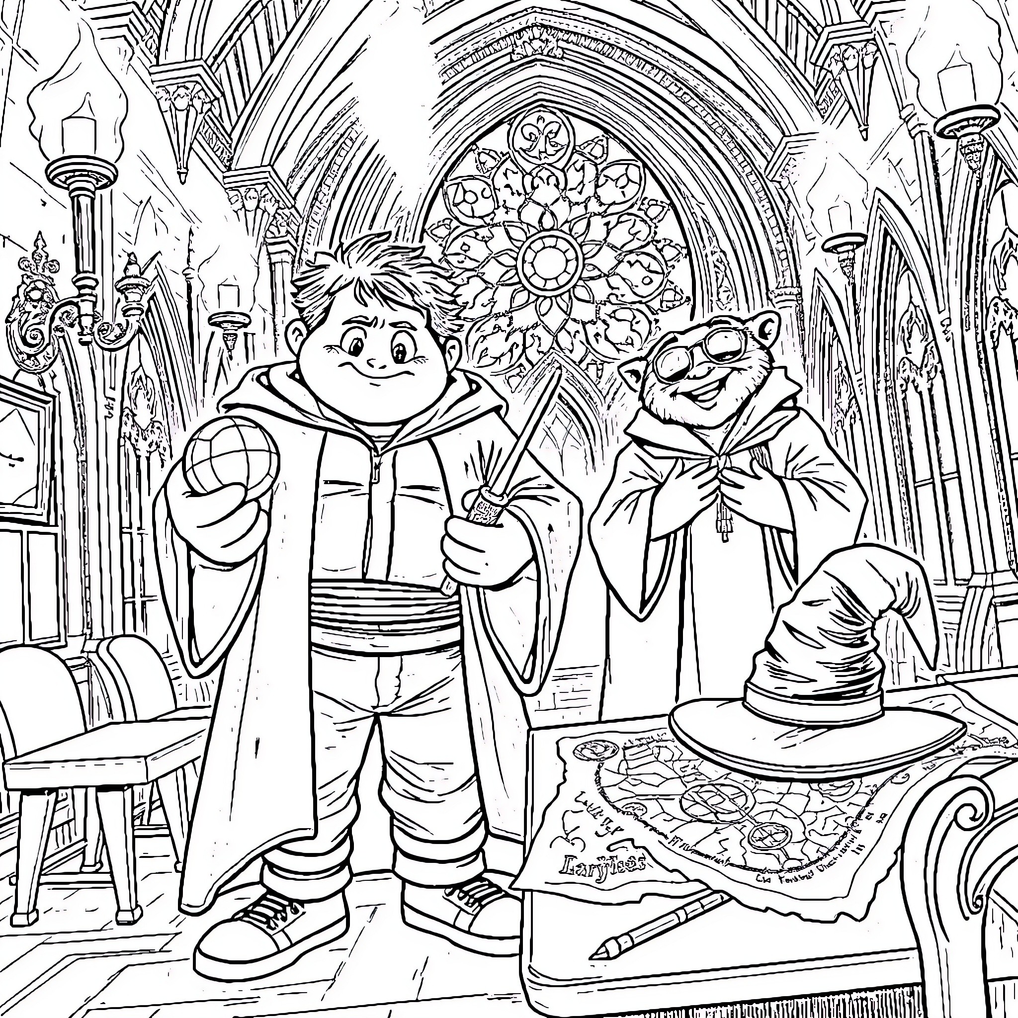 Chunk exploring a magical fantasy world Coloring Page (free black-and-white line drawing printable PDF for all, from beginners to advanced learners, including children, teens, adults, and seniors)