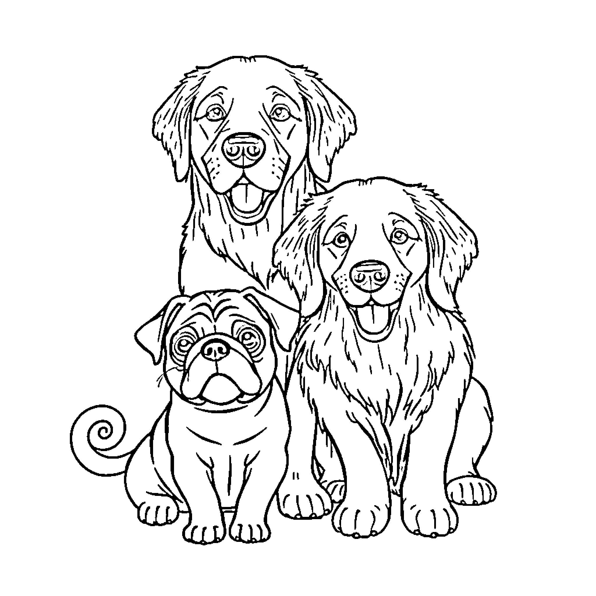 Pug and two dogs sitting together Coloring Page (free black-and-white line drawing printable PDF for all, from beginners to advanced learners, including children, teens, adults, and seniors)