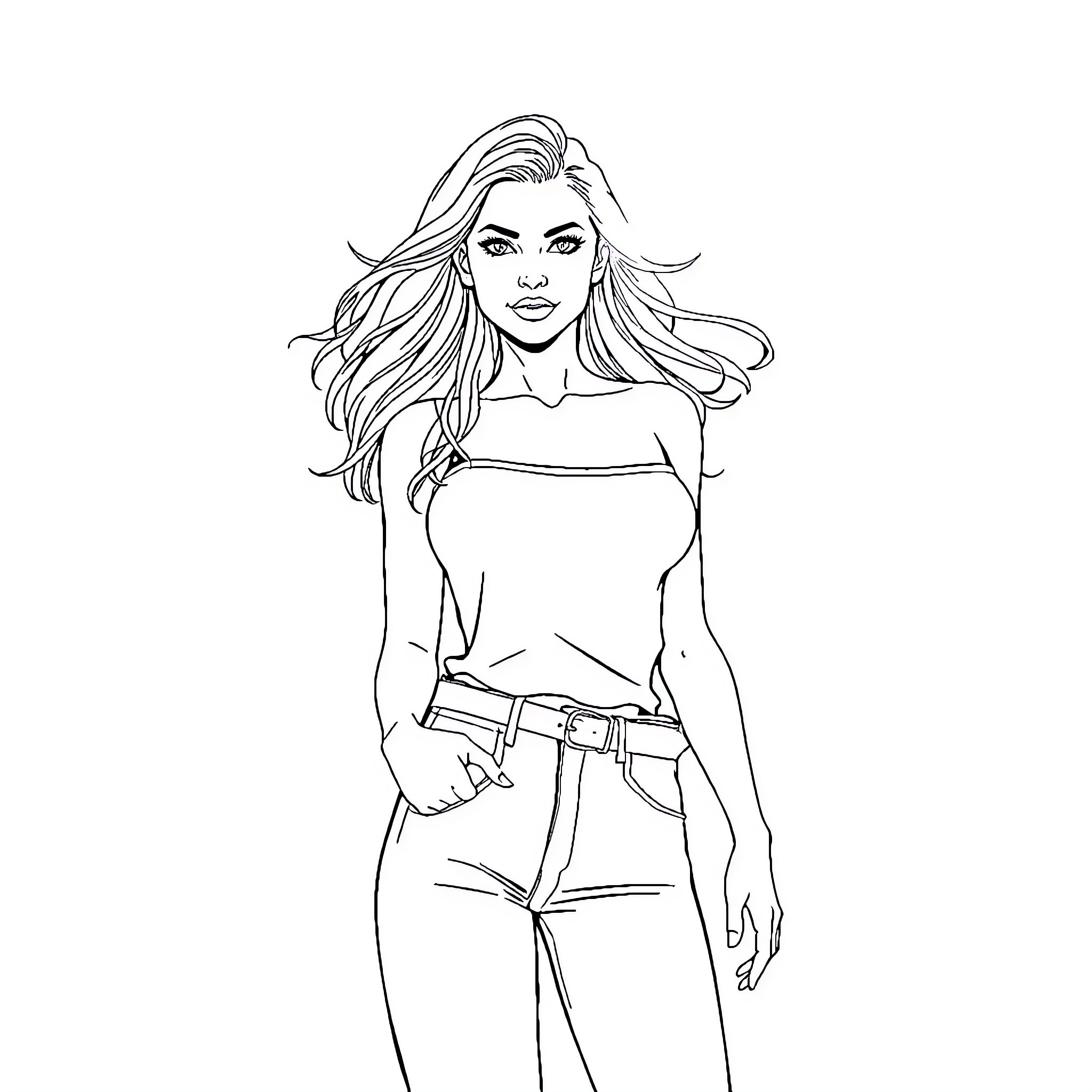 Woman in stylish casual outfit posing confidently Coloring Page (free black-and-white line drawing printable PDF for all, from beginners to advanced learners, including children, teens, adults, and seniors)