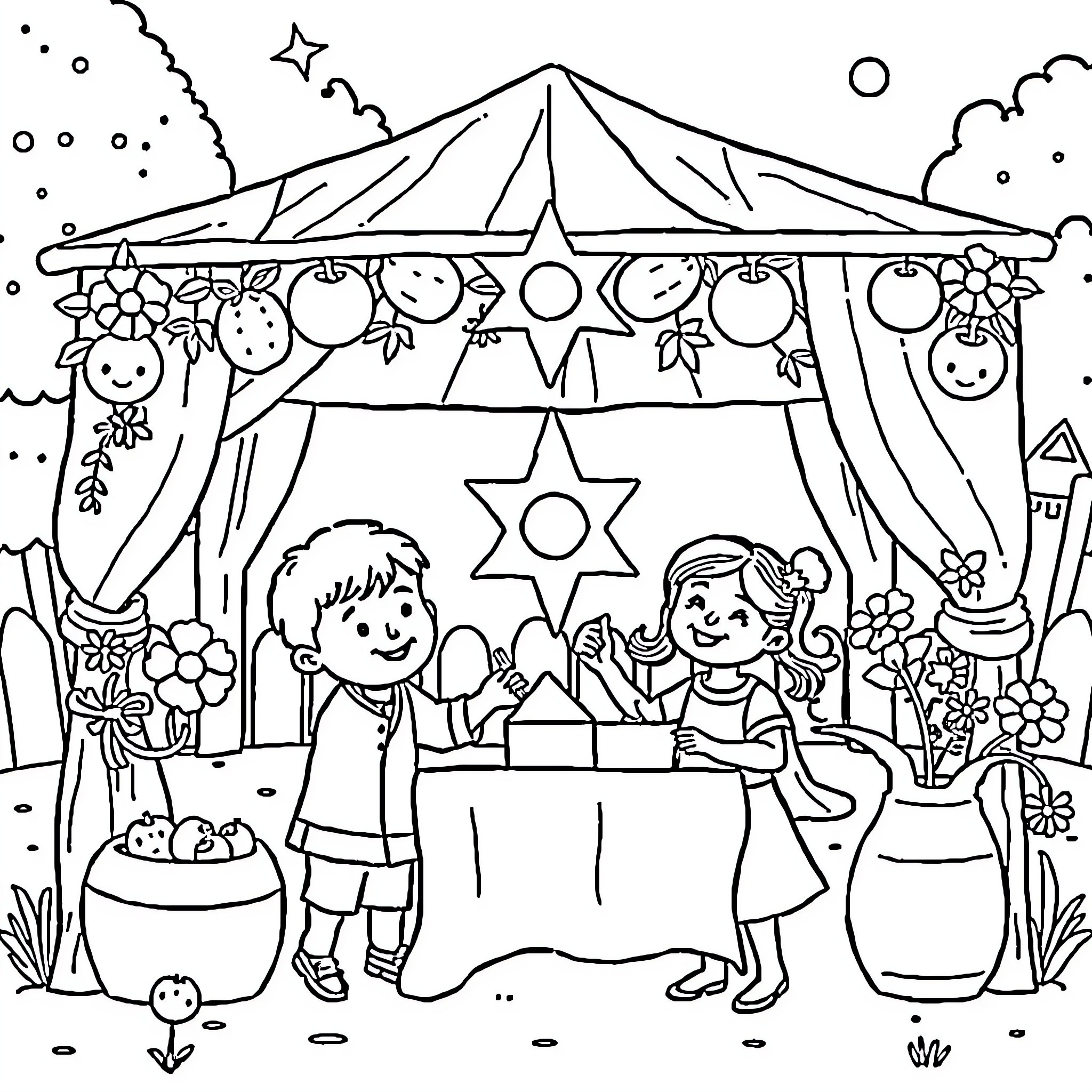 Jewish Children Playing at a Festive Carnival Coloring Page (free black-and-white line drawing printable PDF for all, from beginners to advanced learners, including children, teens, adults, and seniors)