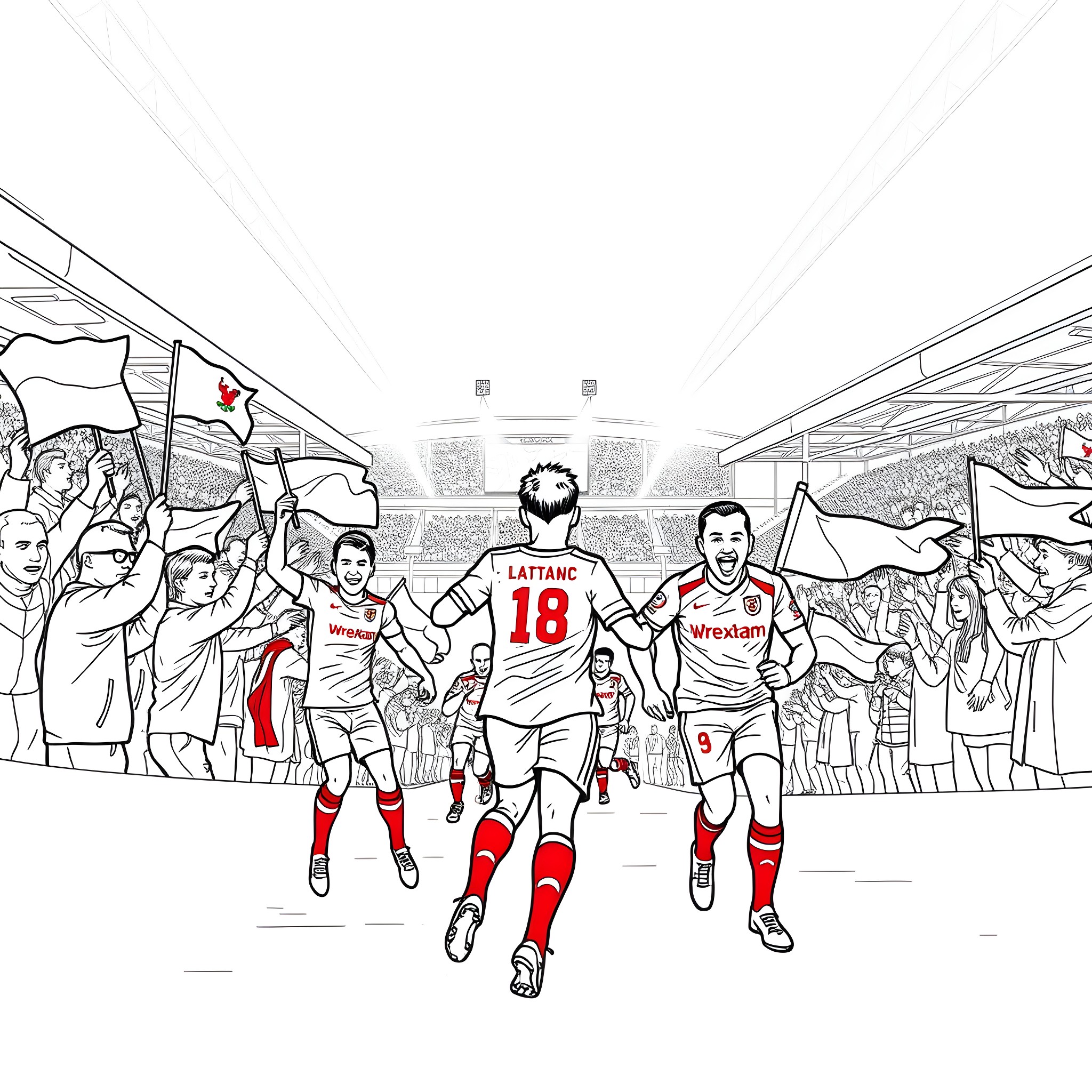 Wrexham FC players celebrating together on the field Coloring Page (free black-and-white line drawing printable PDF for all, from beginners to advanced learners, including children, teens, adults, and seniors)