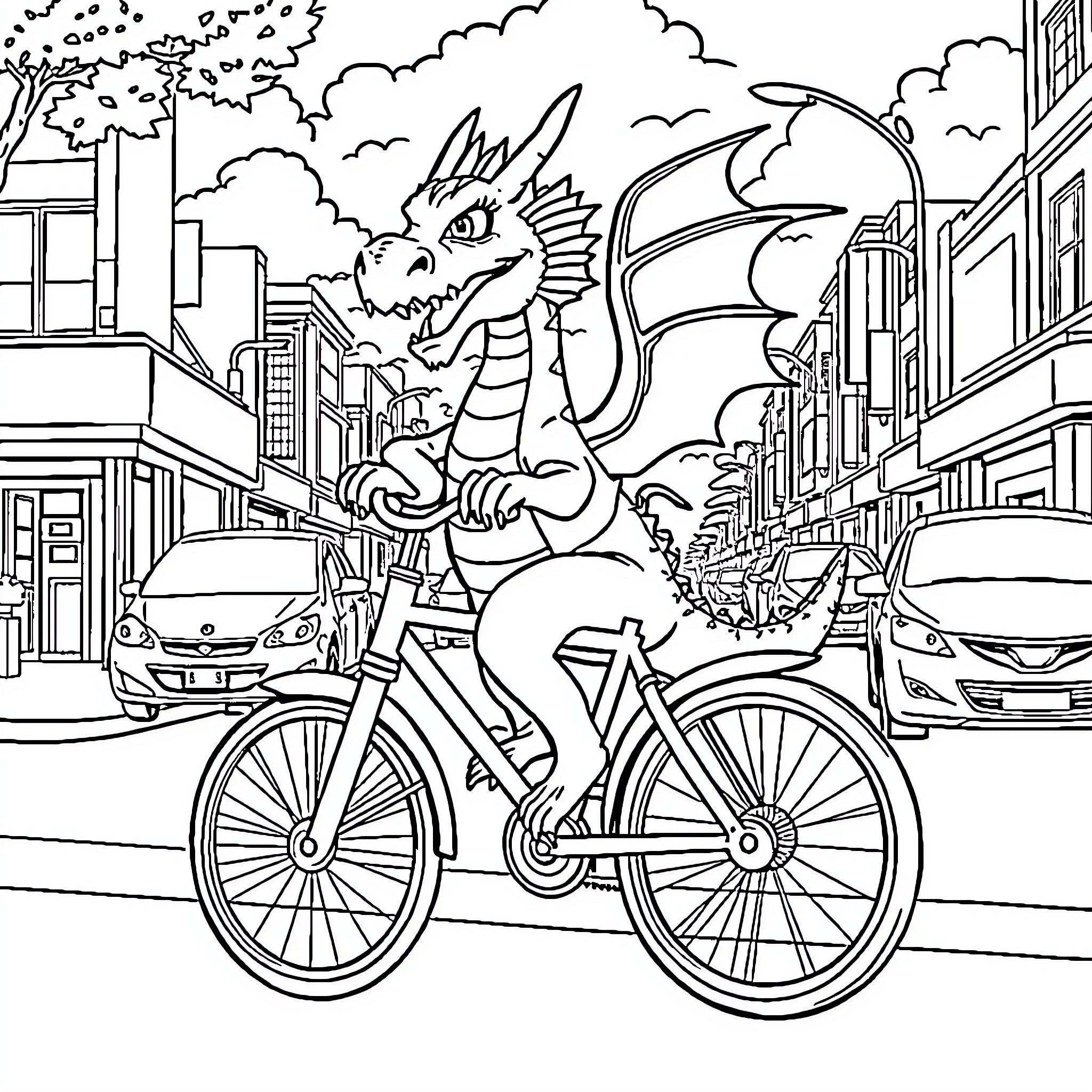 Dragon riding a bicycle through the city Coloring Page (free black-and-white line drawing printable PDF for all, from beginners to advanced learners, including children, teens, adults, and seniors)
