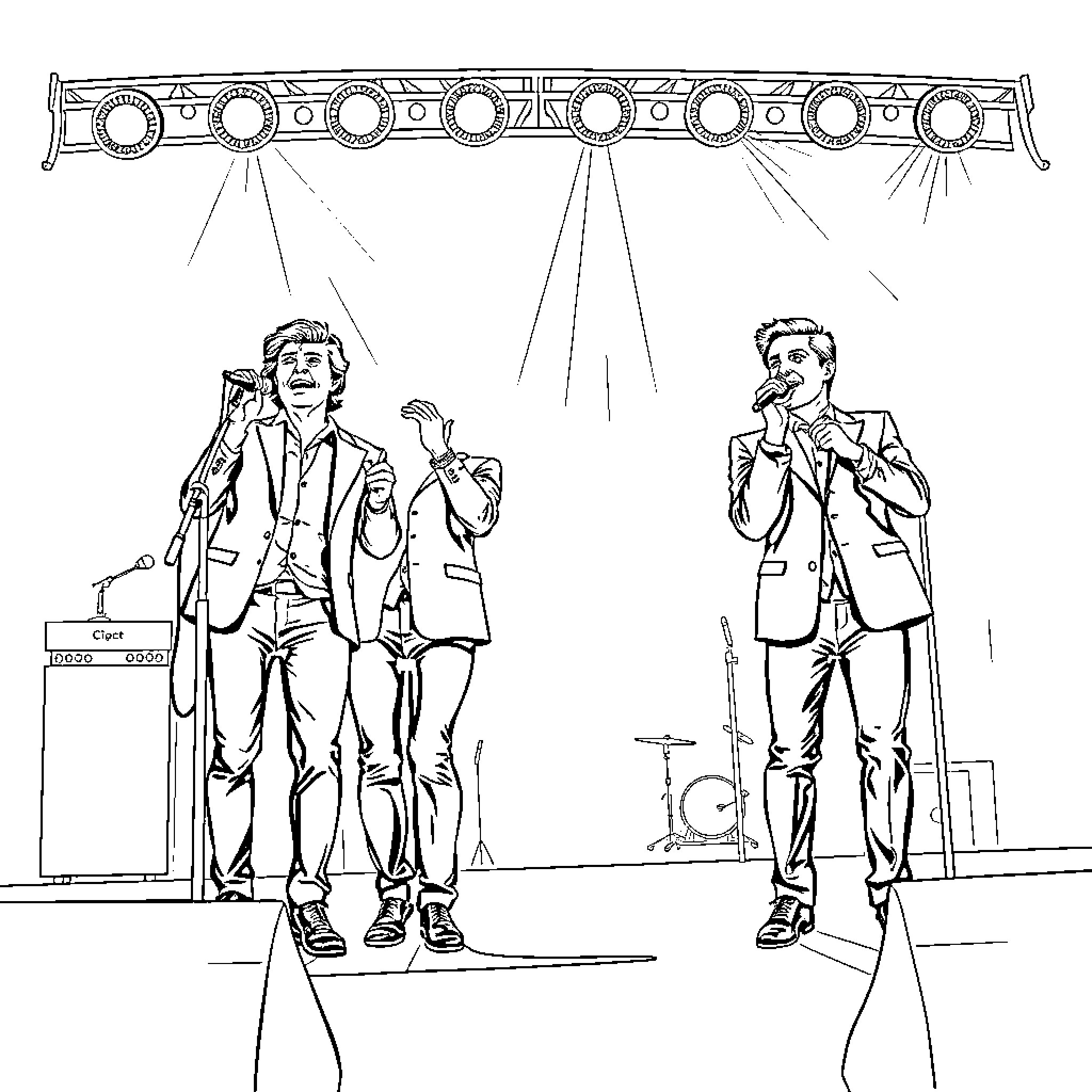 Westlife Performing on Stage with Music Instruments Coloring Page (free black-and-white line drawing printable PDF for all, from beginners to advanced learners, including children, teens, adults, and seniors)