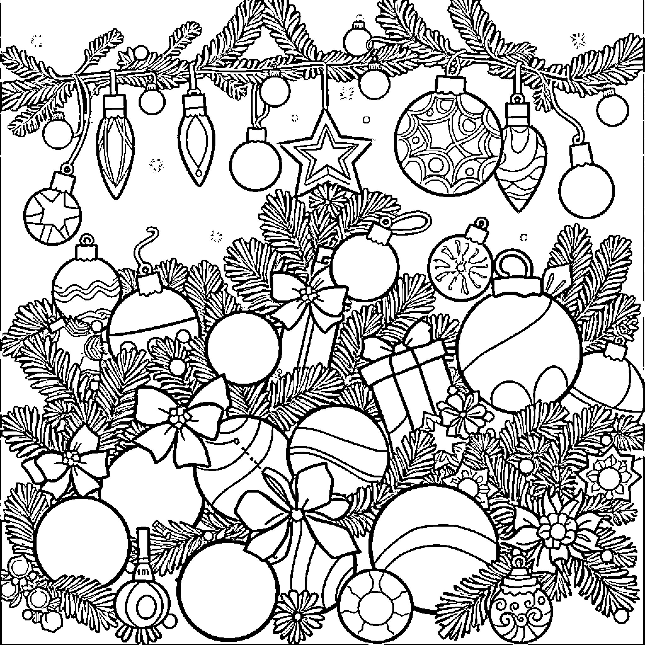Christmas Ornaments and Decorations Coloring Page (free black-and-white line drawing printable PDF for all, from beginners to advanced learners, including children, teens, adults, and seniors)