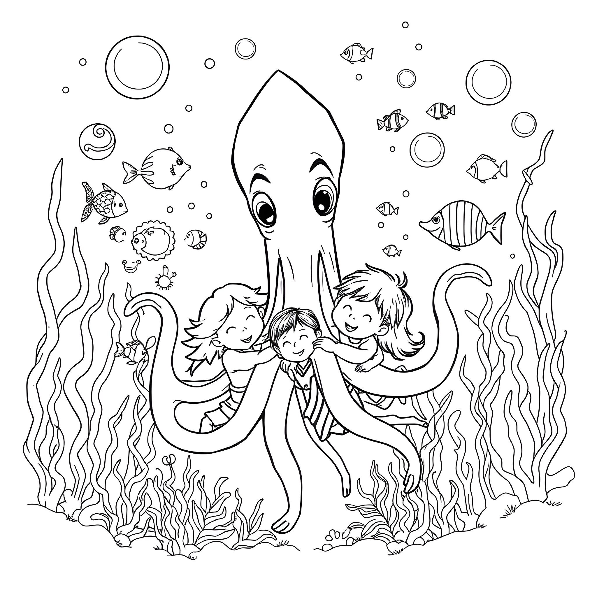 Squid playing with children in the underwater world Coloring Page (free black-and-white line drawing printable PDF for all, from beginners to advanced learners, including children, teens, adults, and seniors)